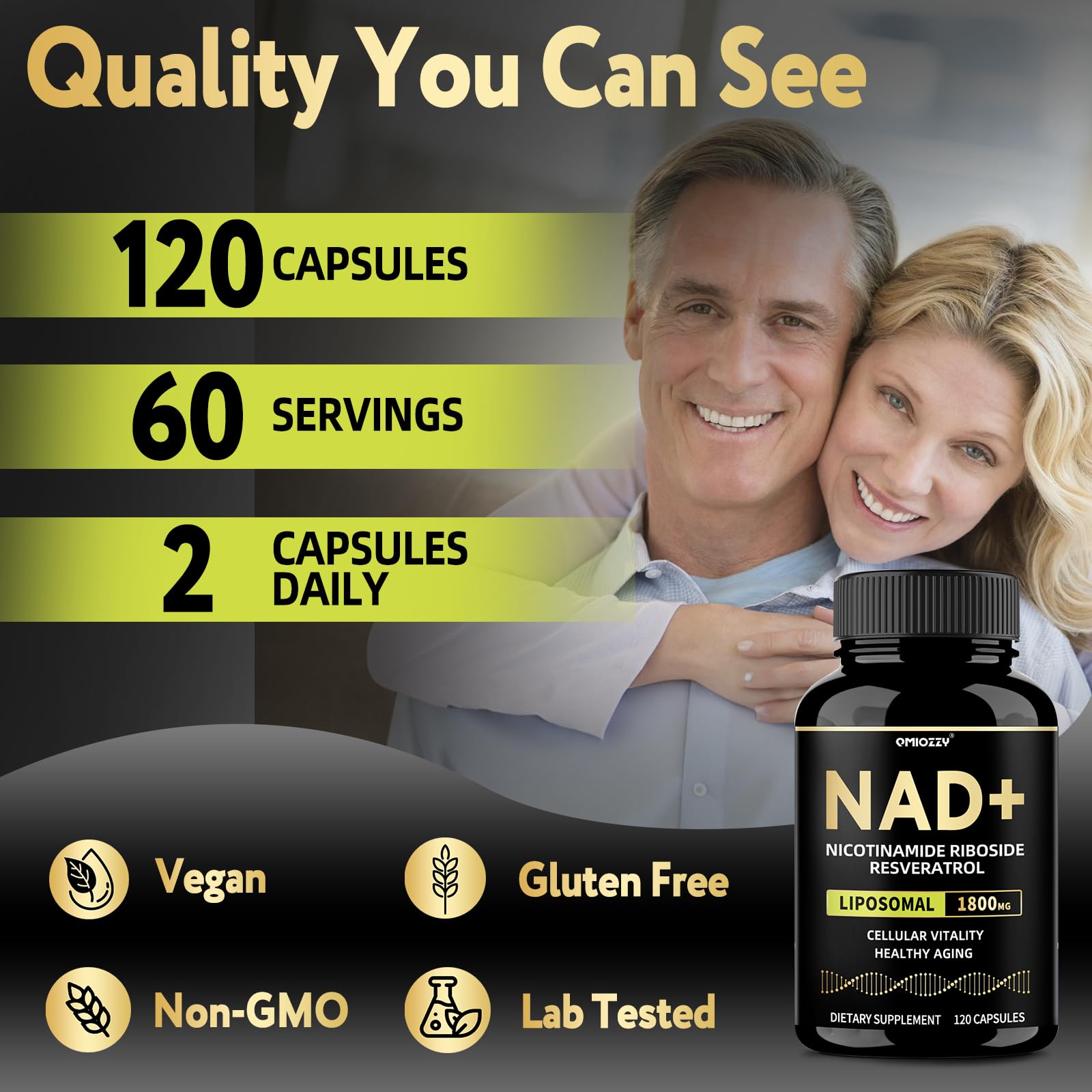 Qmiozzy NAD+ Resveratrol Supplement on a kitchen counter