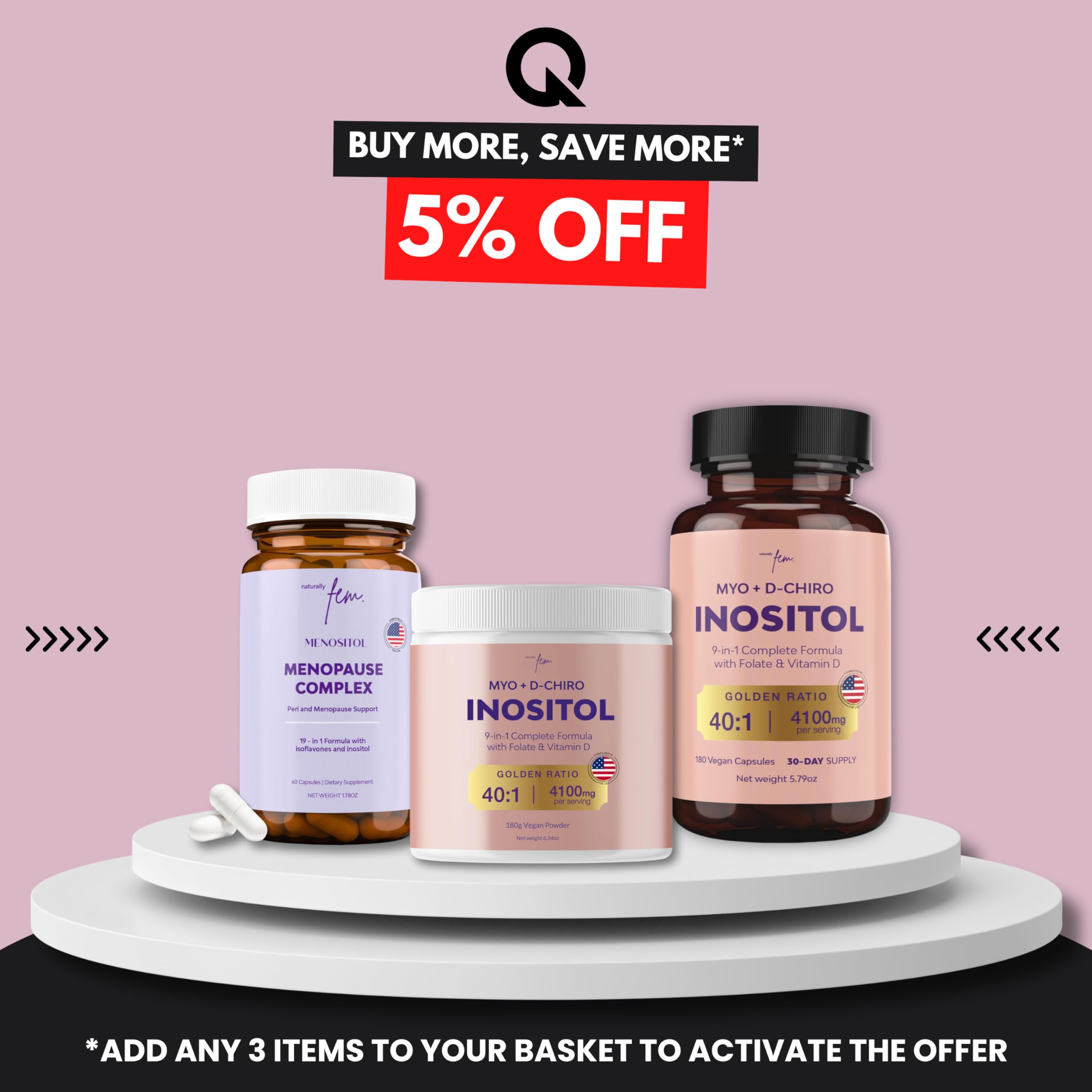 QSTA Inositol FEM 9-in-1 Supplement 4100mg scoop and powder