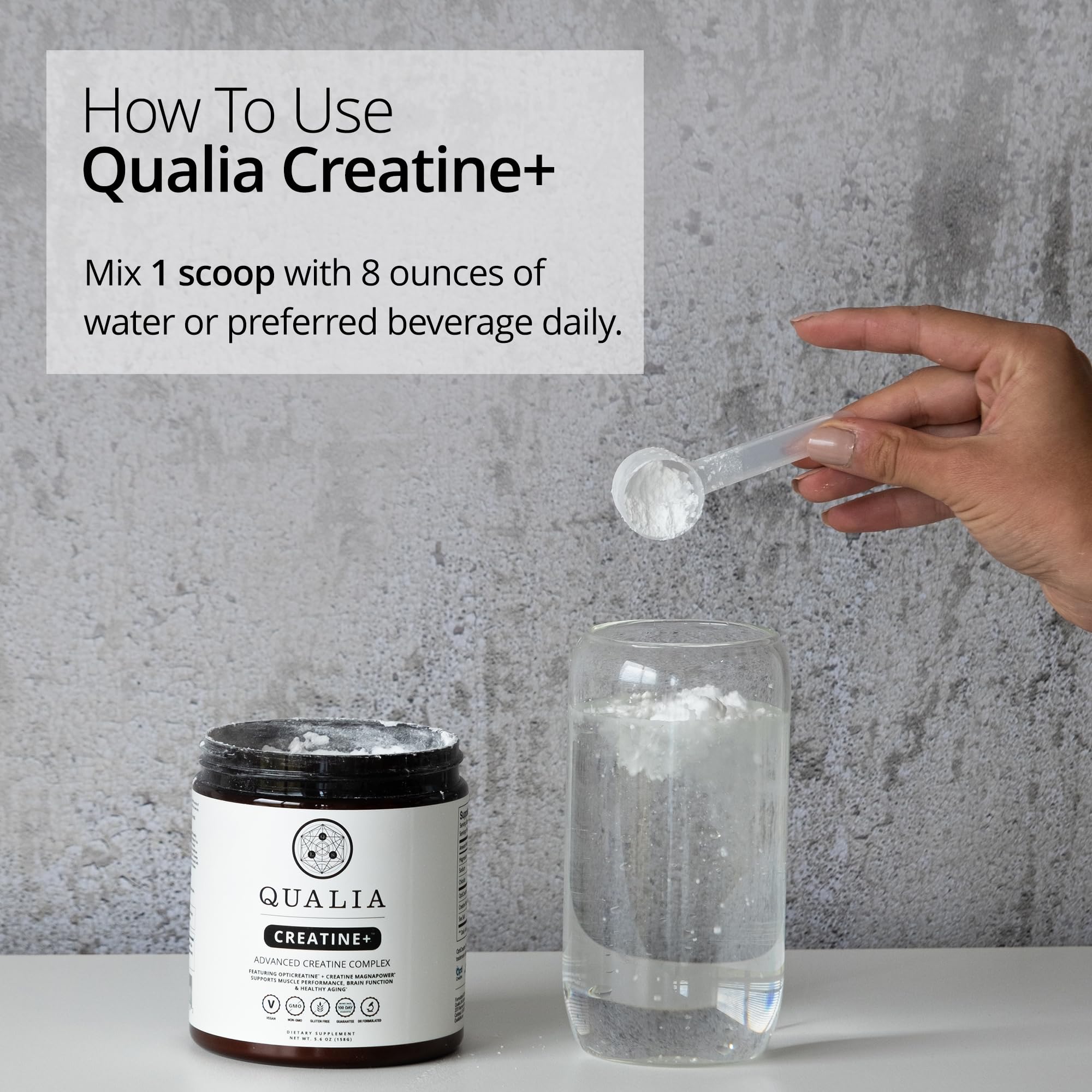 QUALIA LIFE SCIENCES Creatine+ product with a shaker bottle