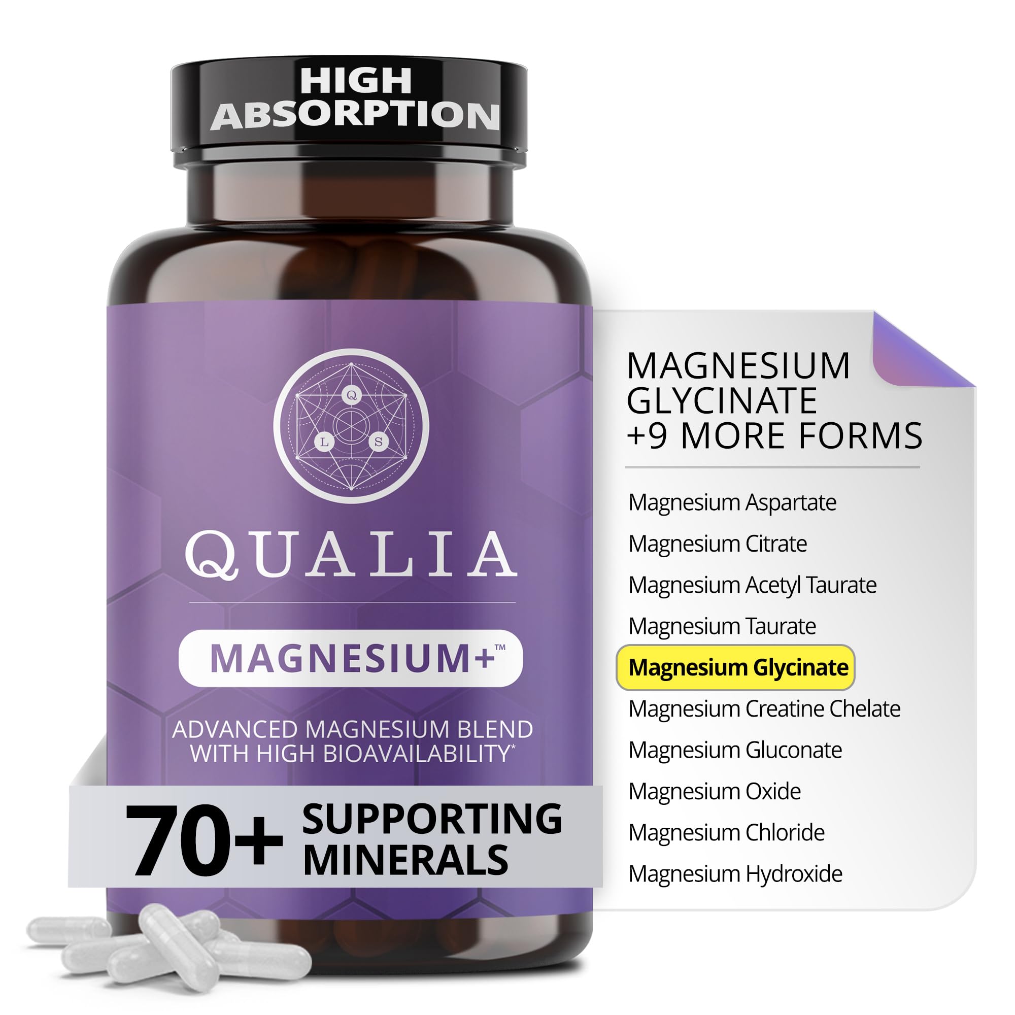 QUALIA LIFE SCIENCES Magnesium+ Full-Spectrum Supplement front view