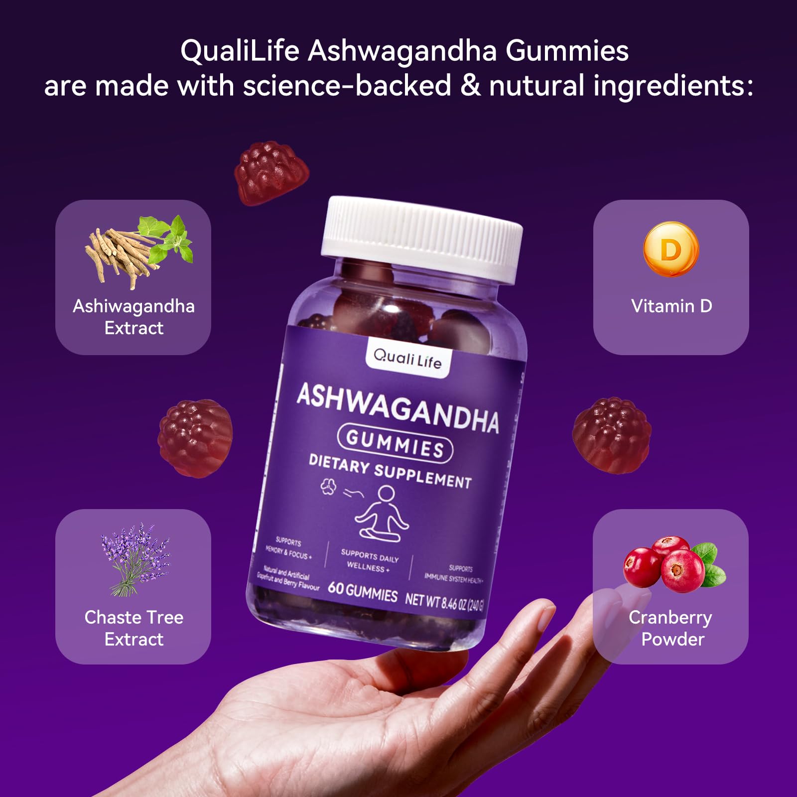 QualiLife Ashwagandha Gummies in a hand showing size