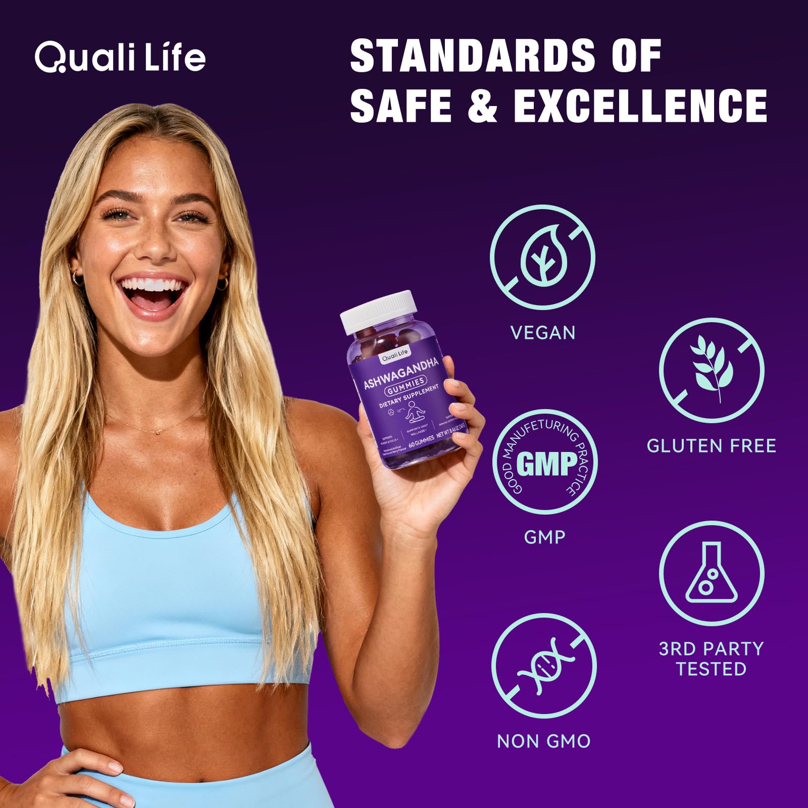 QualiLife Ashwagandha Gummies on a kitchen counter