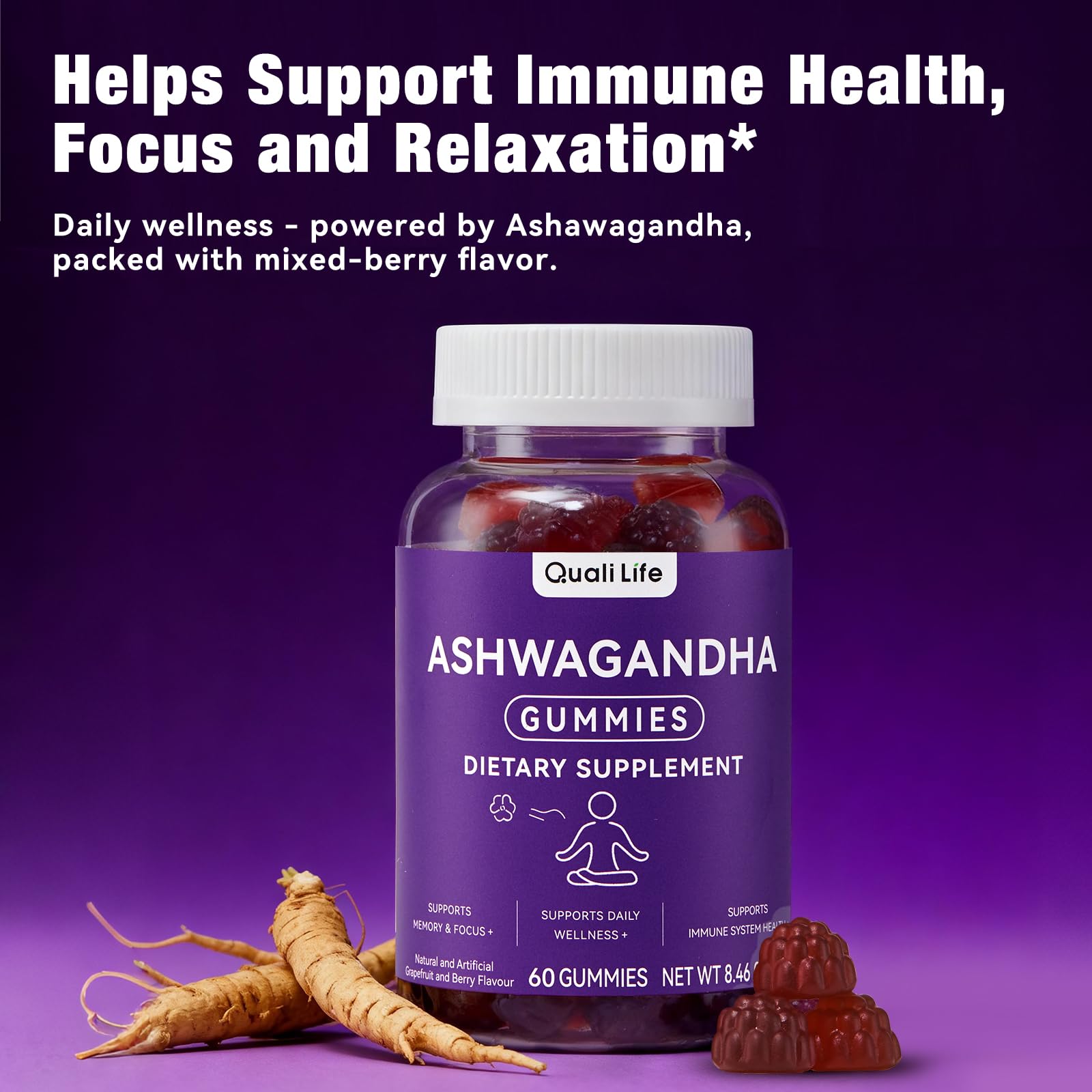 QualiLife Ashwagandha Gummies showing grapefruit and berry flavour