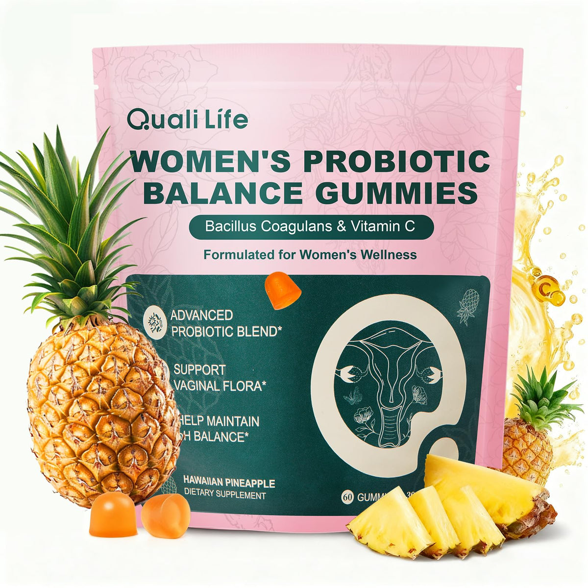 QualiLife Feminine Balance Gummies front view with packaging
