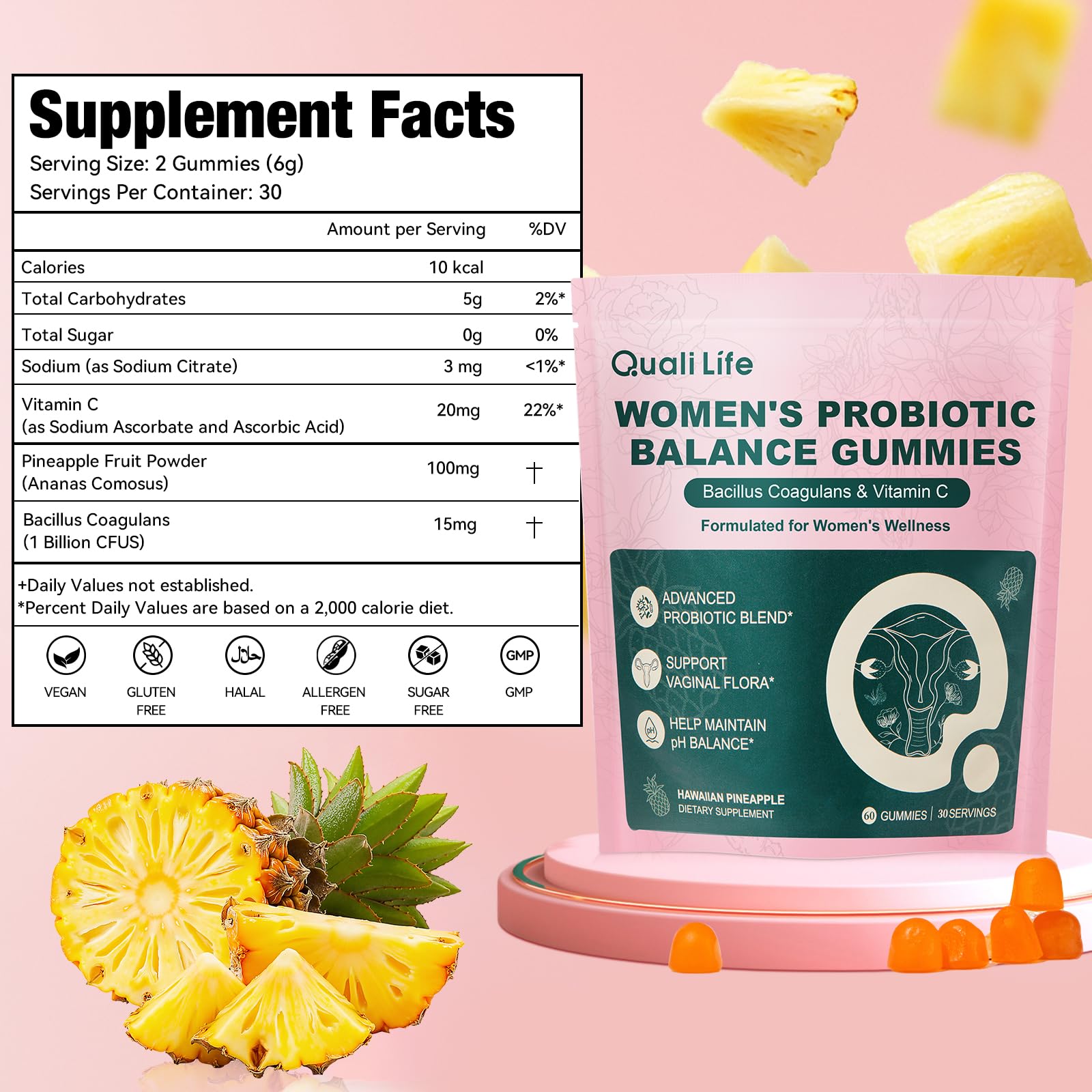 QualiLife Feminine Balance Gummies with fresh pineapple