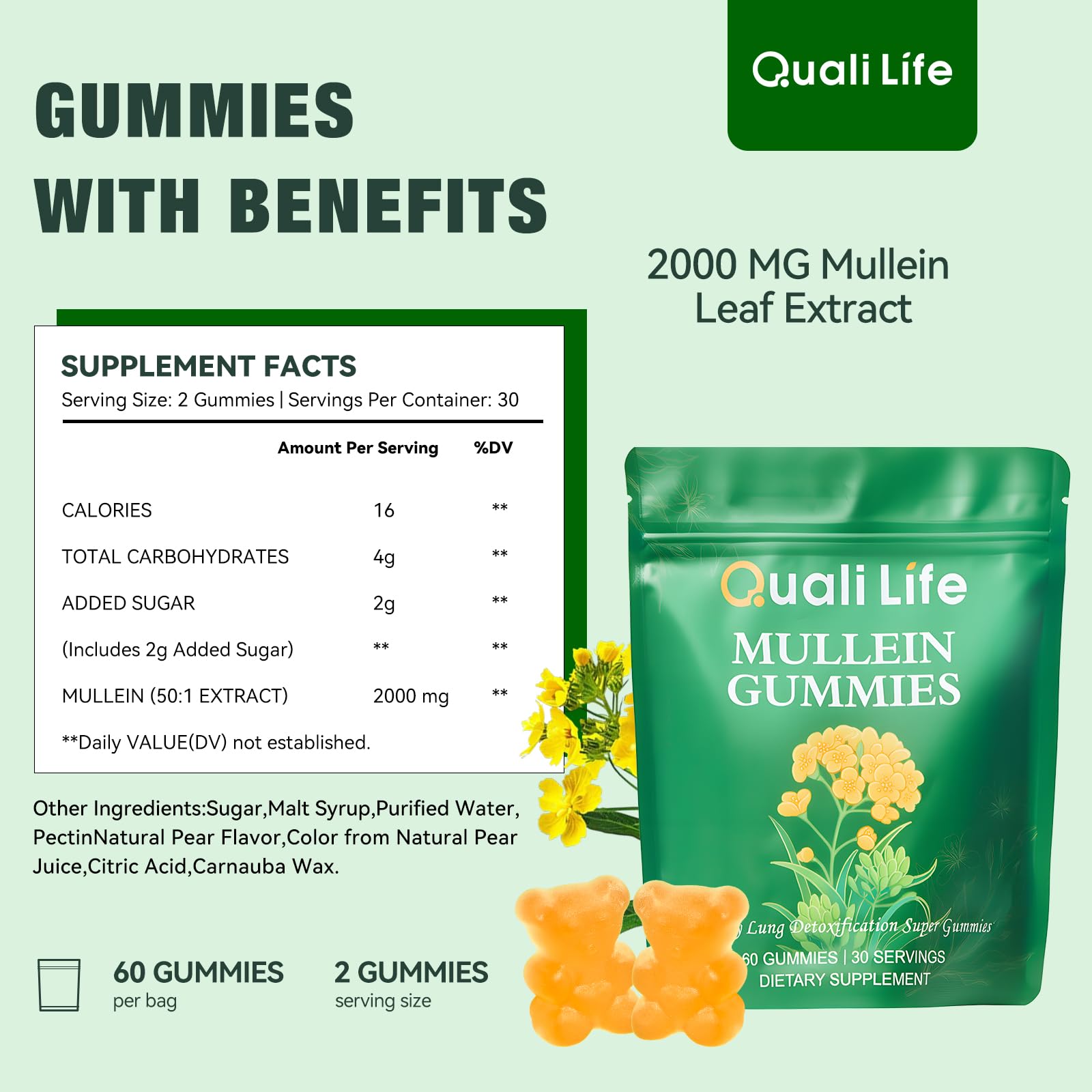 QualiLife Mullein Gummies back view with ingredients list
