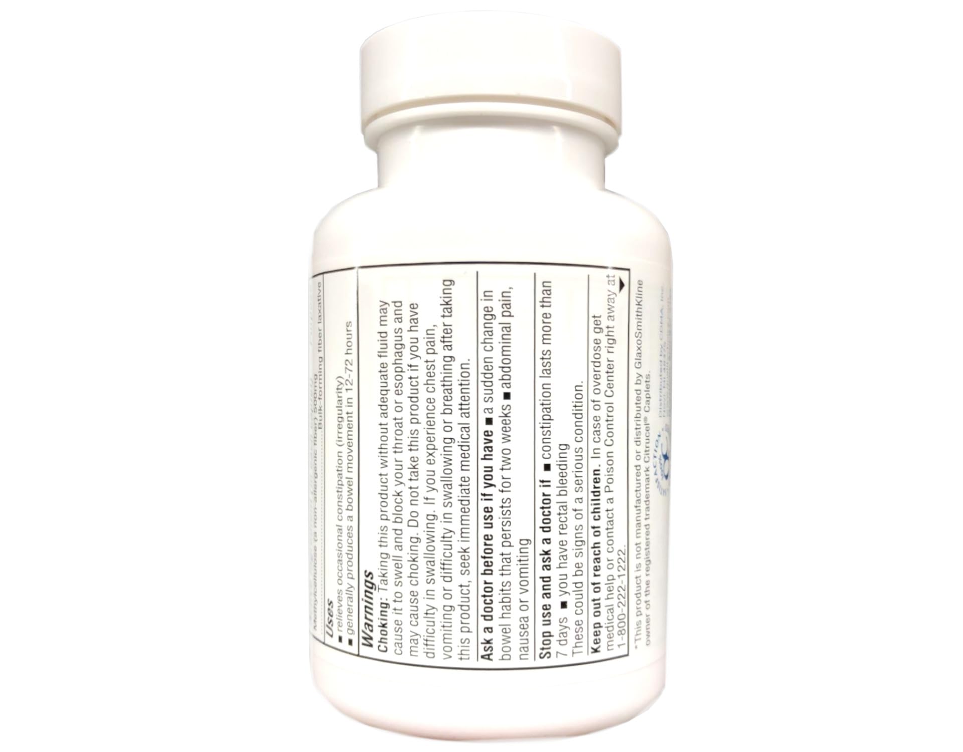 Quality Choice Fiber Therapy Caplets 500mg bottle back view with ingredients