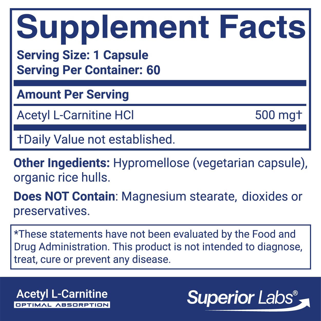 quality Labs Acetyl L-Carnitine 500mg capsule bottle side view