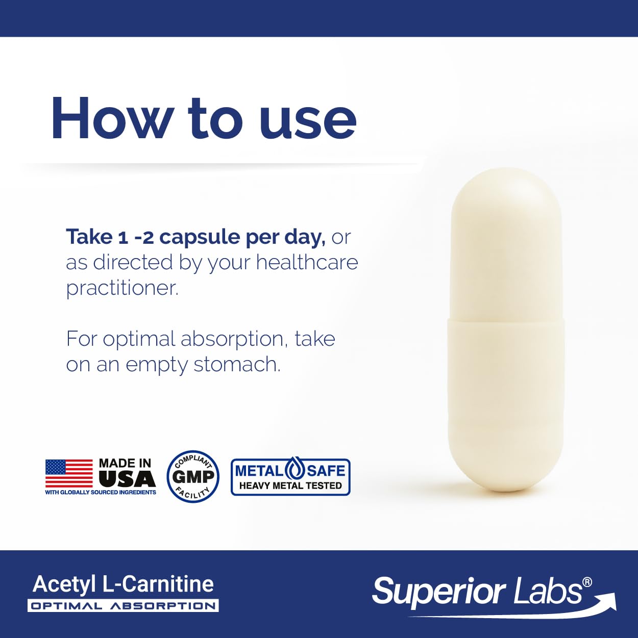 quality Labs Acetyl L-Carnitine 500mg capsules on a wooden table