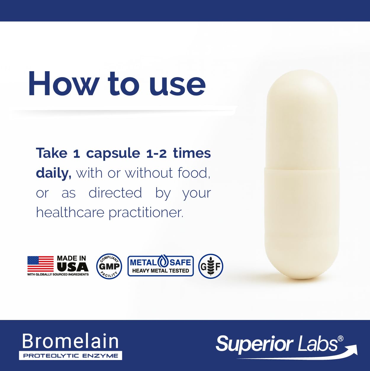quality Labs Bromelain 500mg supplement capsules on a table