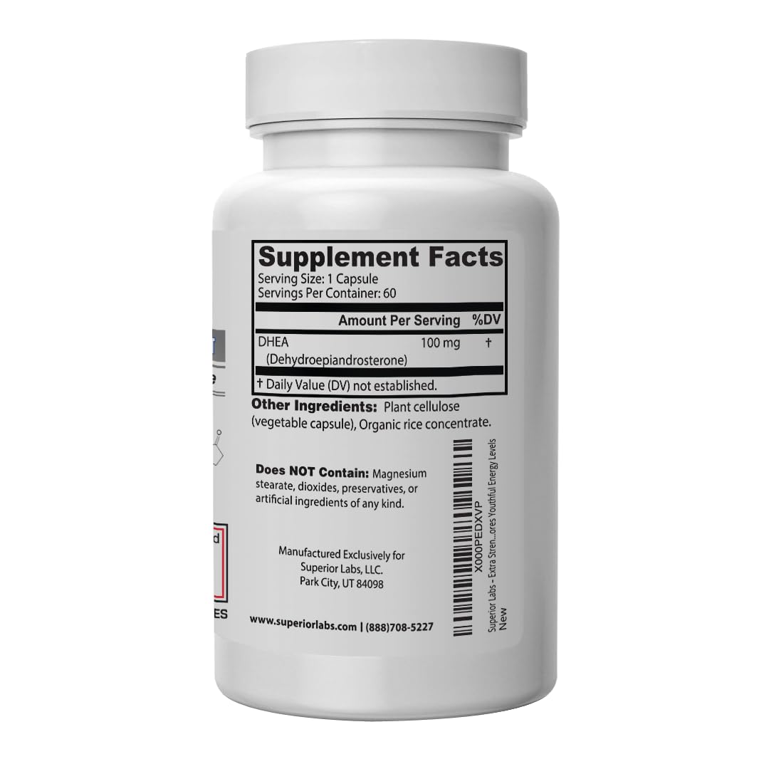 quality Labs DHEA Supplement 100mg capsules on a wooden surface