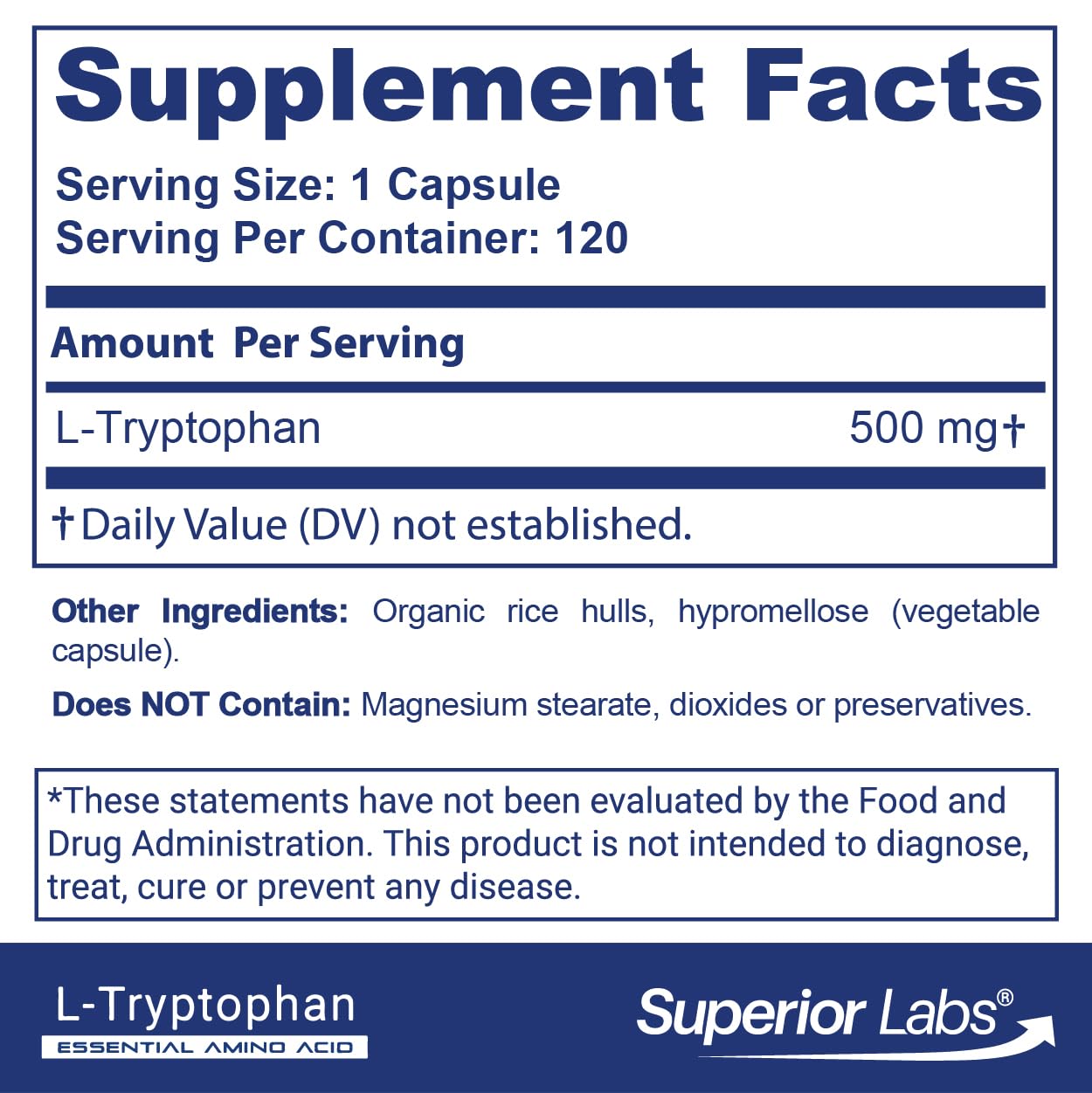 quality Labs L-Tryptophan 500mg dietary supplement side view