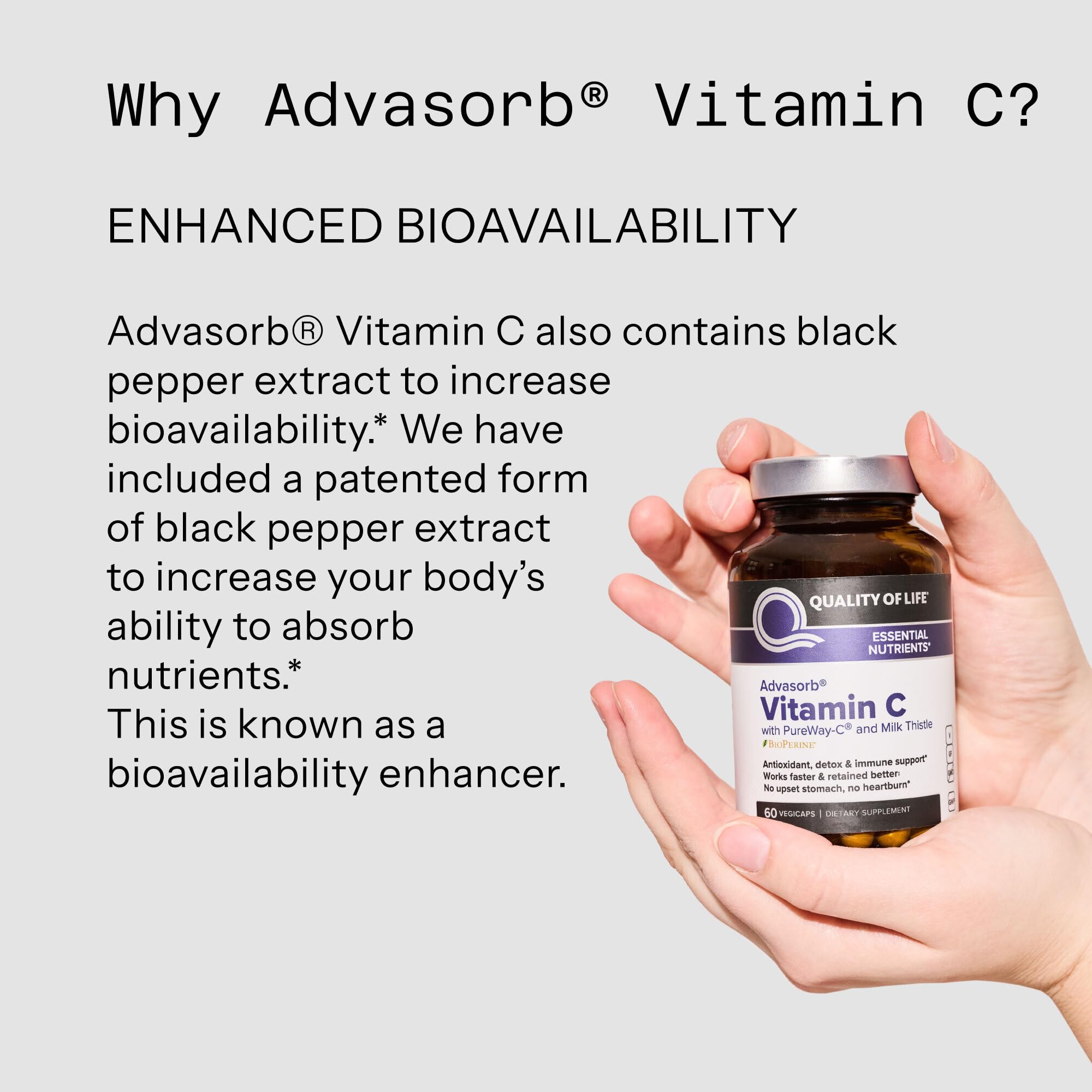 Quality of Life Advasorb Vitamin C Capsules on a wooden surface