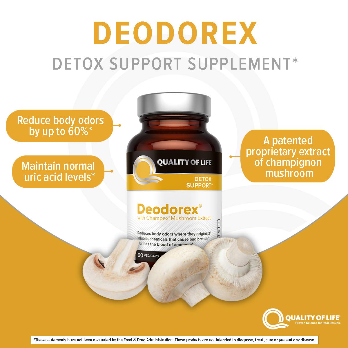 Quality of Life Deodorex Champignon Mushroom Capsules on a wooden table