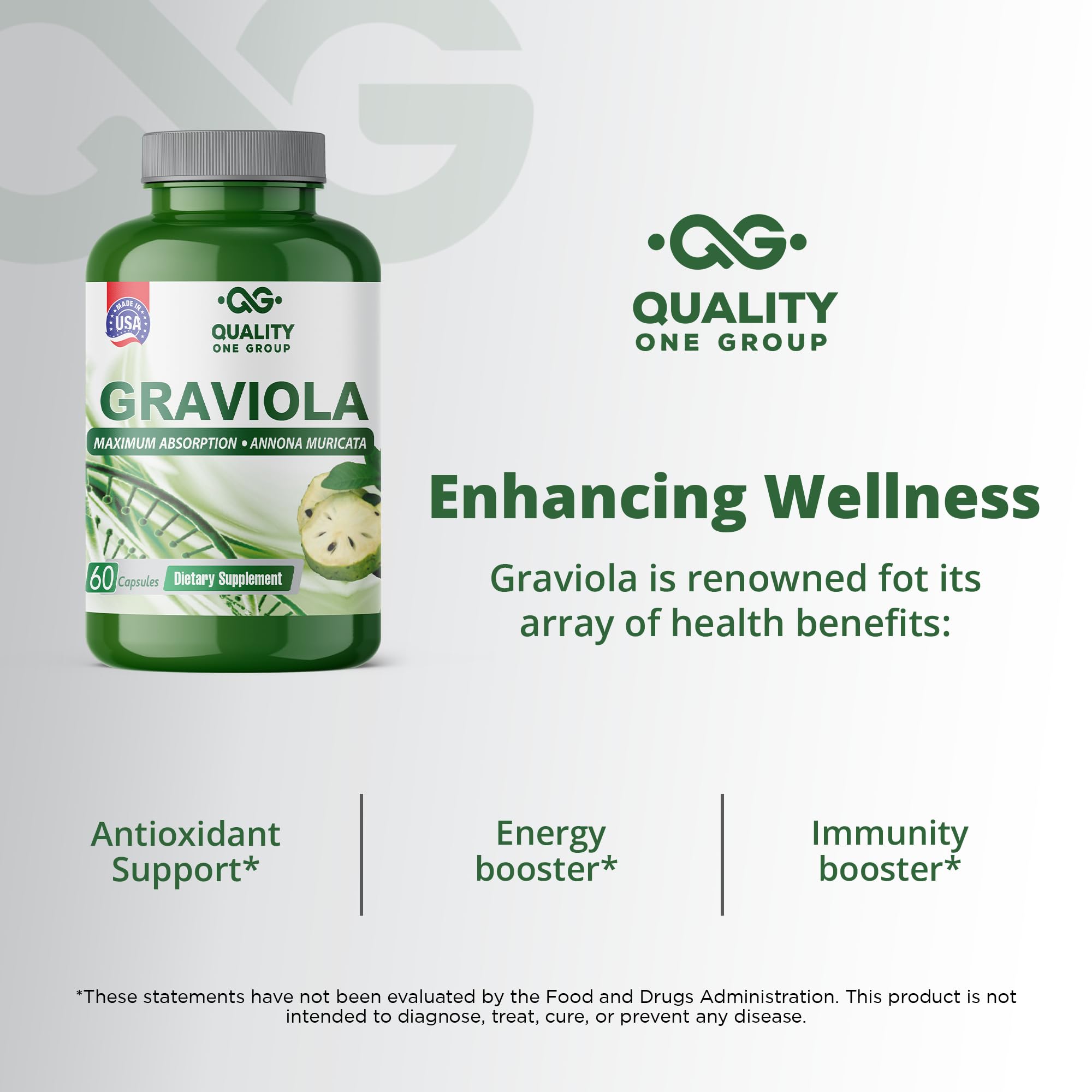 QUALITY ONE Graviola Extract Capsules back view with ingredient list