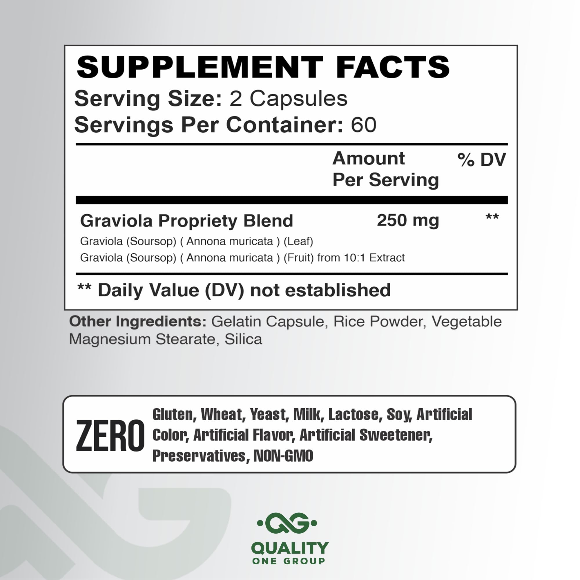 QUALITY ONE Graviola Extract Capsules side view showing capsule size