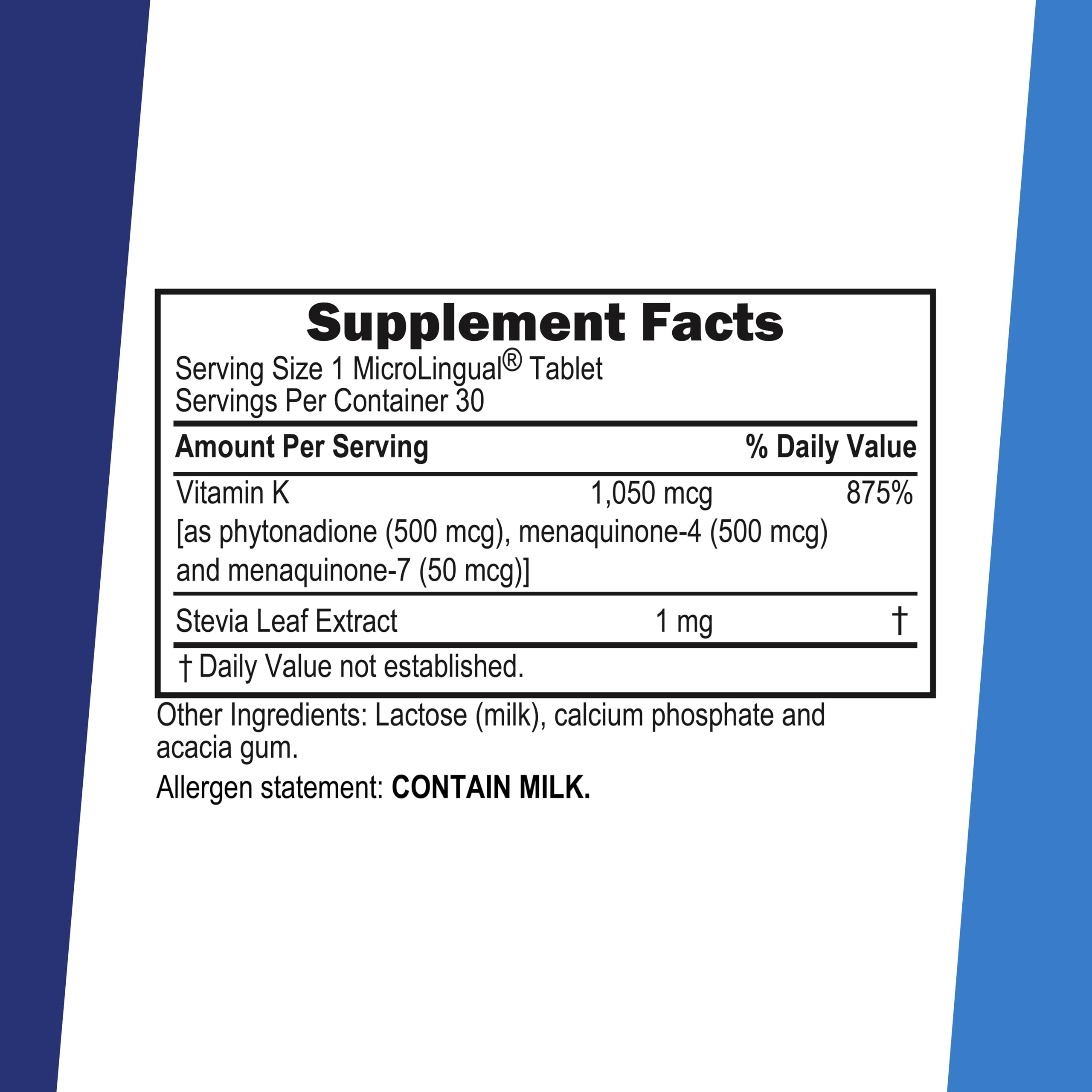 quality Source Triple K Vitamin K1 Supplement 500mcg side view