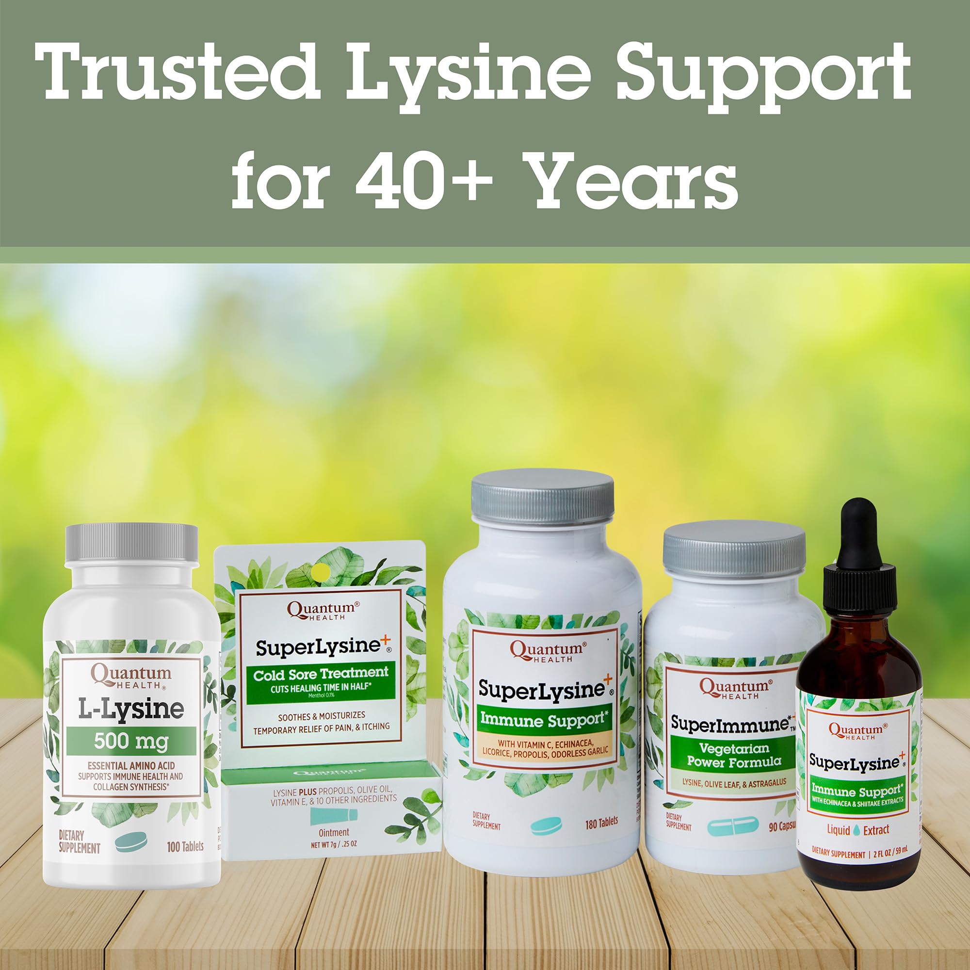 Quantum L-Lysine 500mg supplement on a wooden table