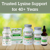 Quantum L-Lysine 500mg supplement on a wooden table