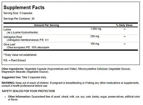 Quantum L-Lysine capsules packaging with ingredients list