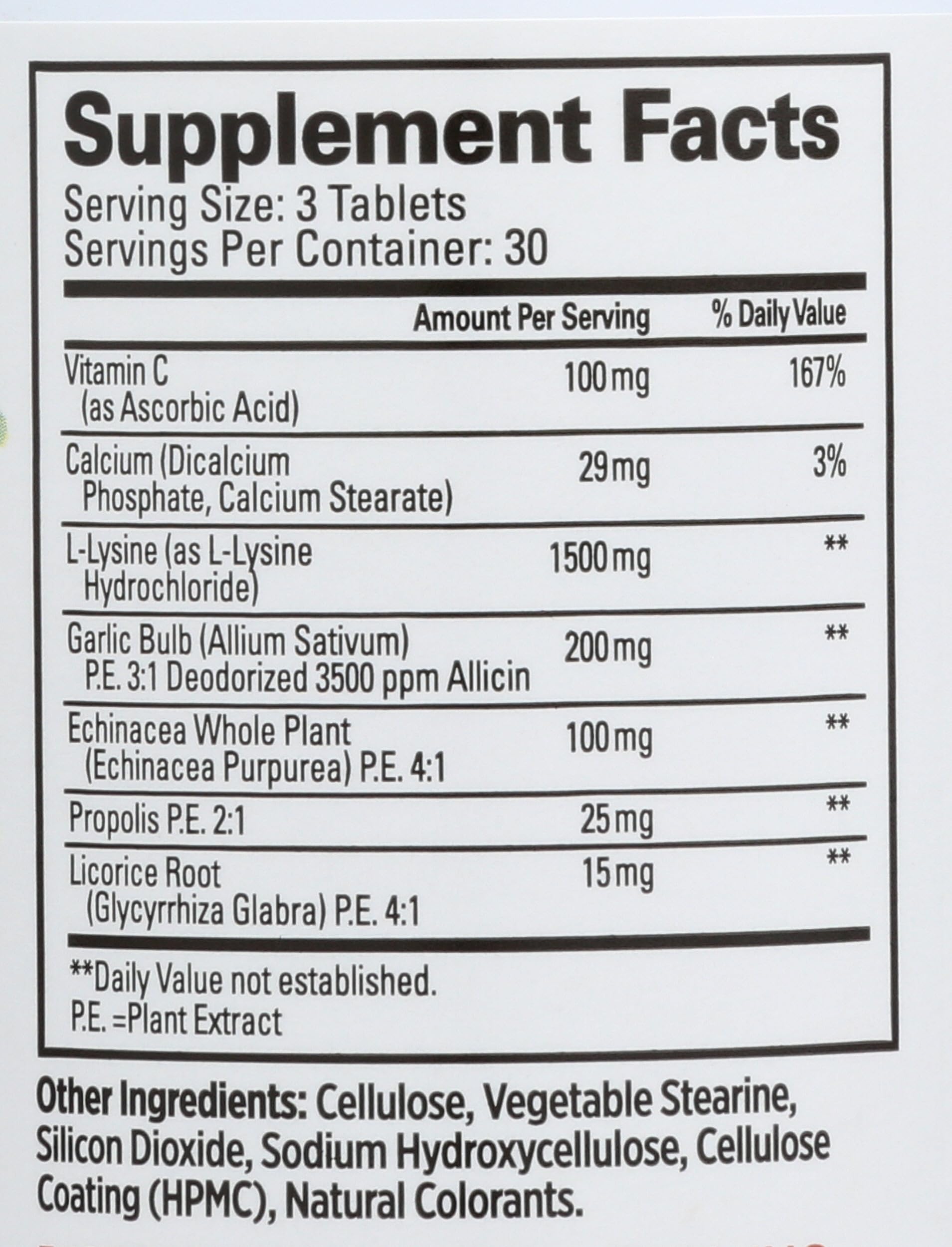 Quantum L-Lysine Supplement ingredients list on packaging