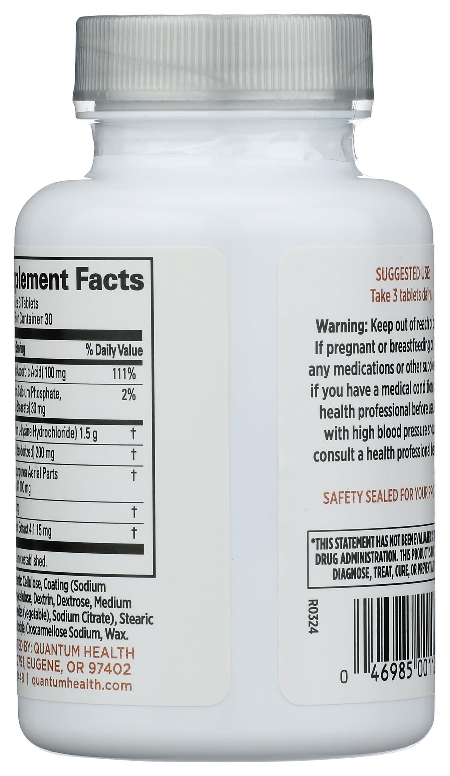 Quantum L-Lysine Supplement side view showing tablet count