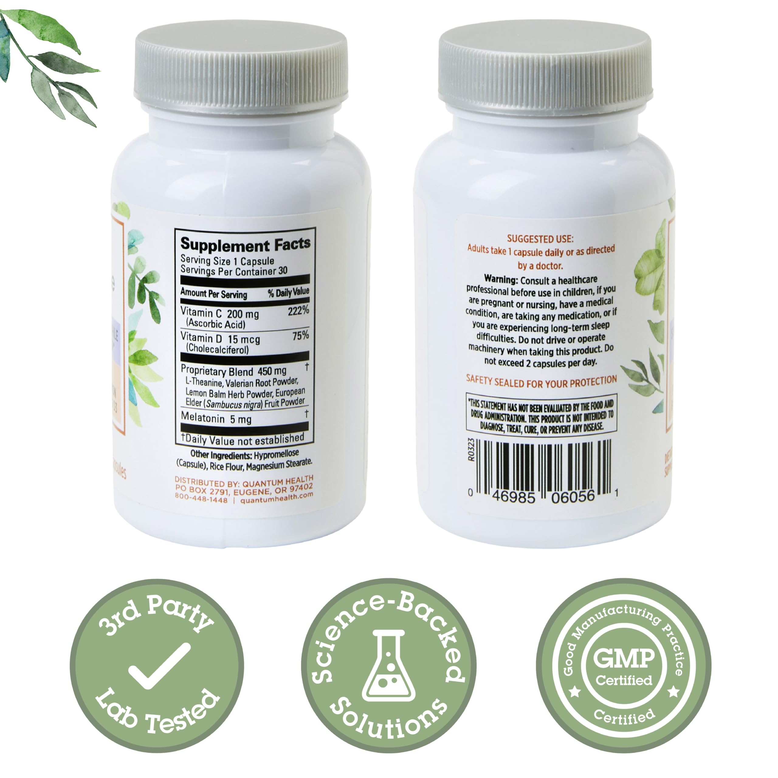Quantum Sleep daily wellness Melatonin 5mg Herbal Sleep Aid 30 Capsules side view
