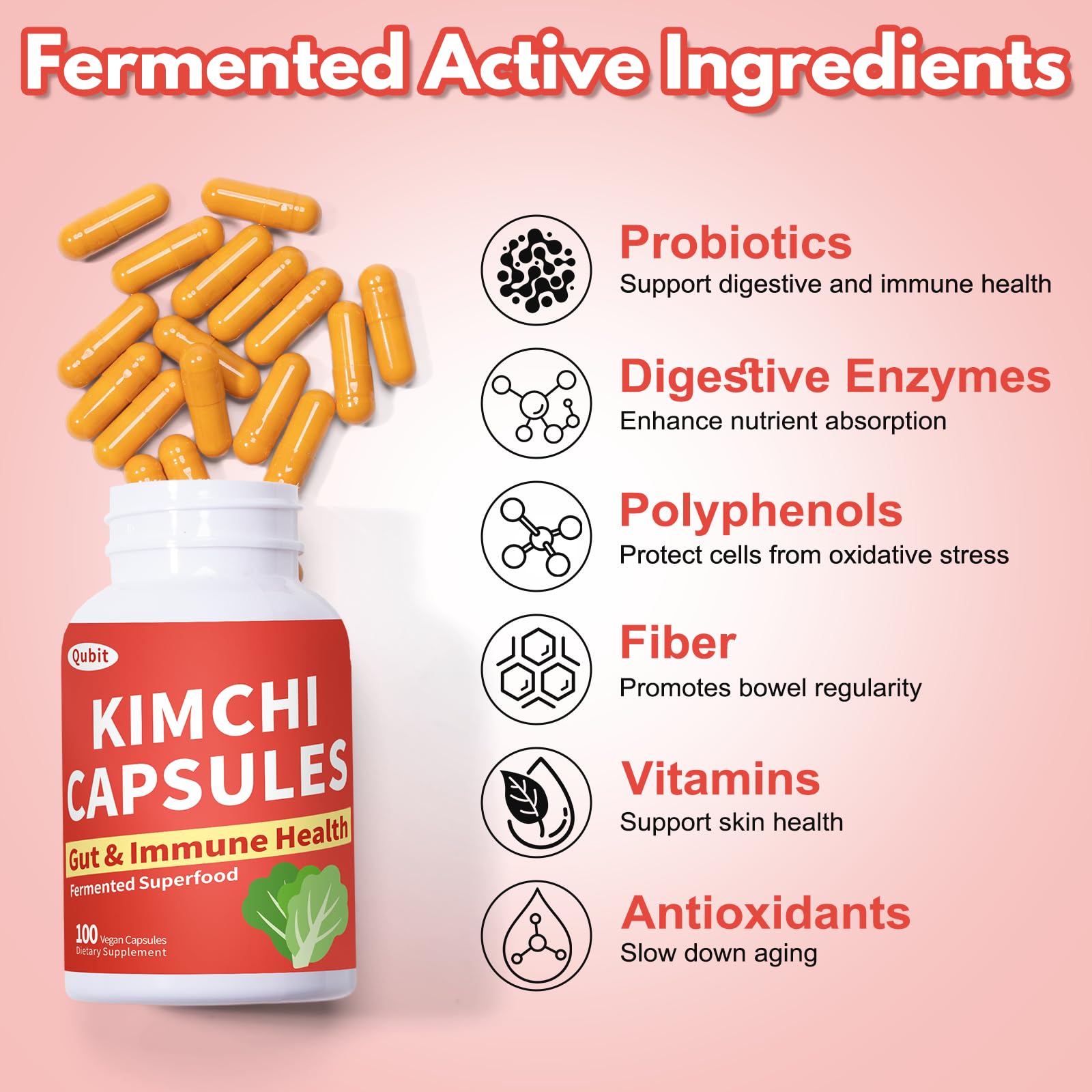 QUBIT Kimchi Capsules on a wooden table with fresh vegetables