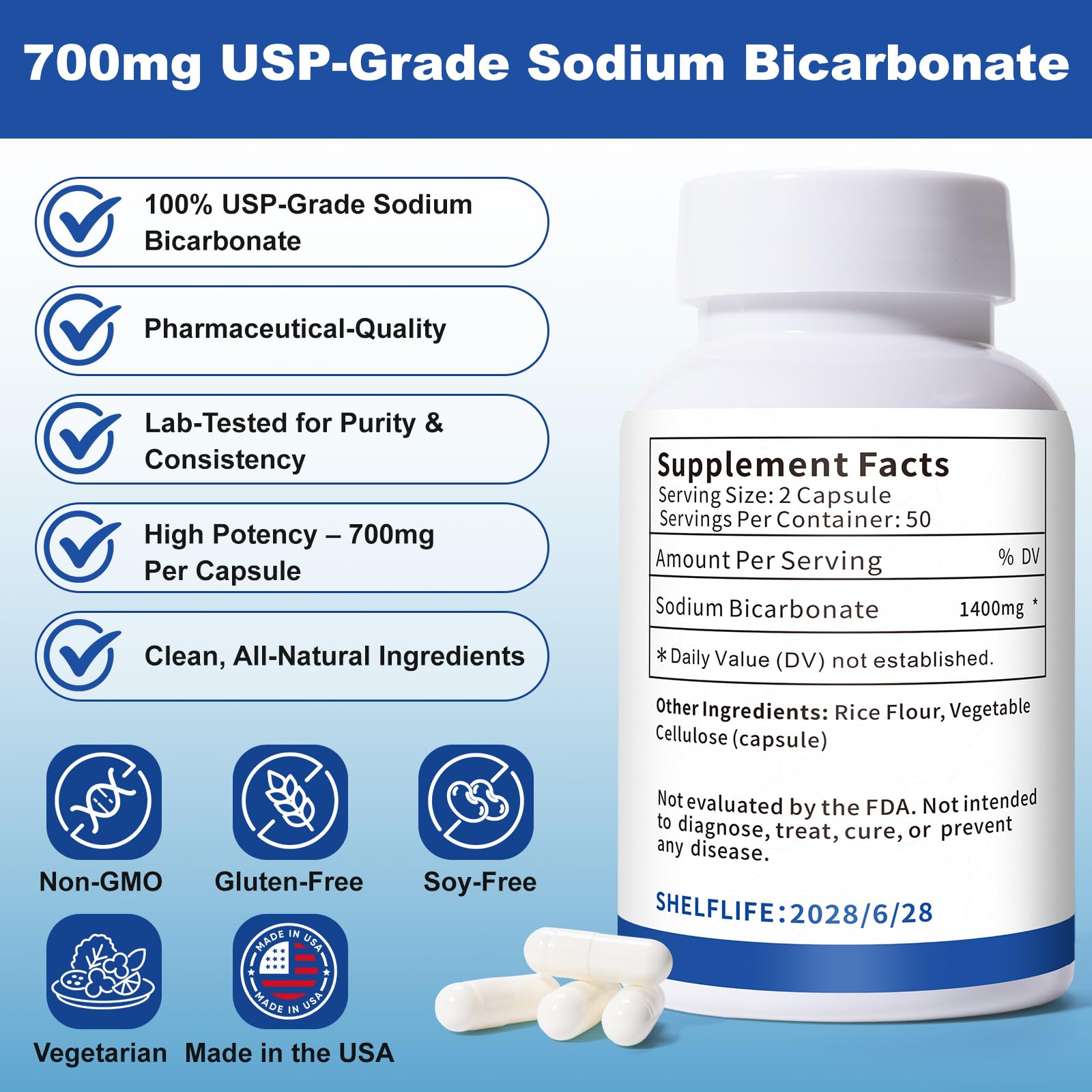 QUBIT Sodium Bicarbonate Capsules 700mg bottle with label