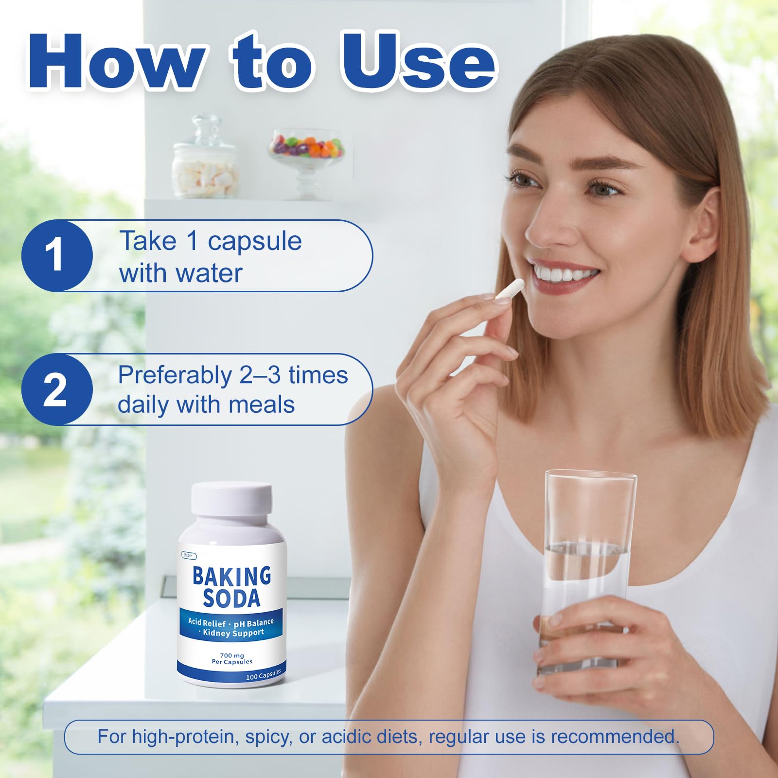 QUBIT Sodium Bicarbonate Capsules 700mg with measuring spoon