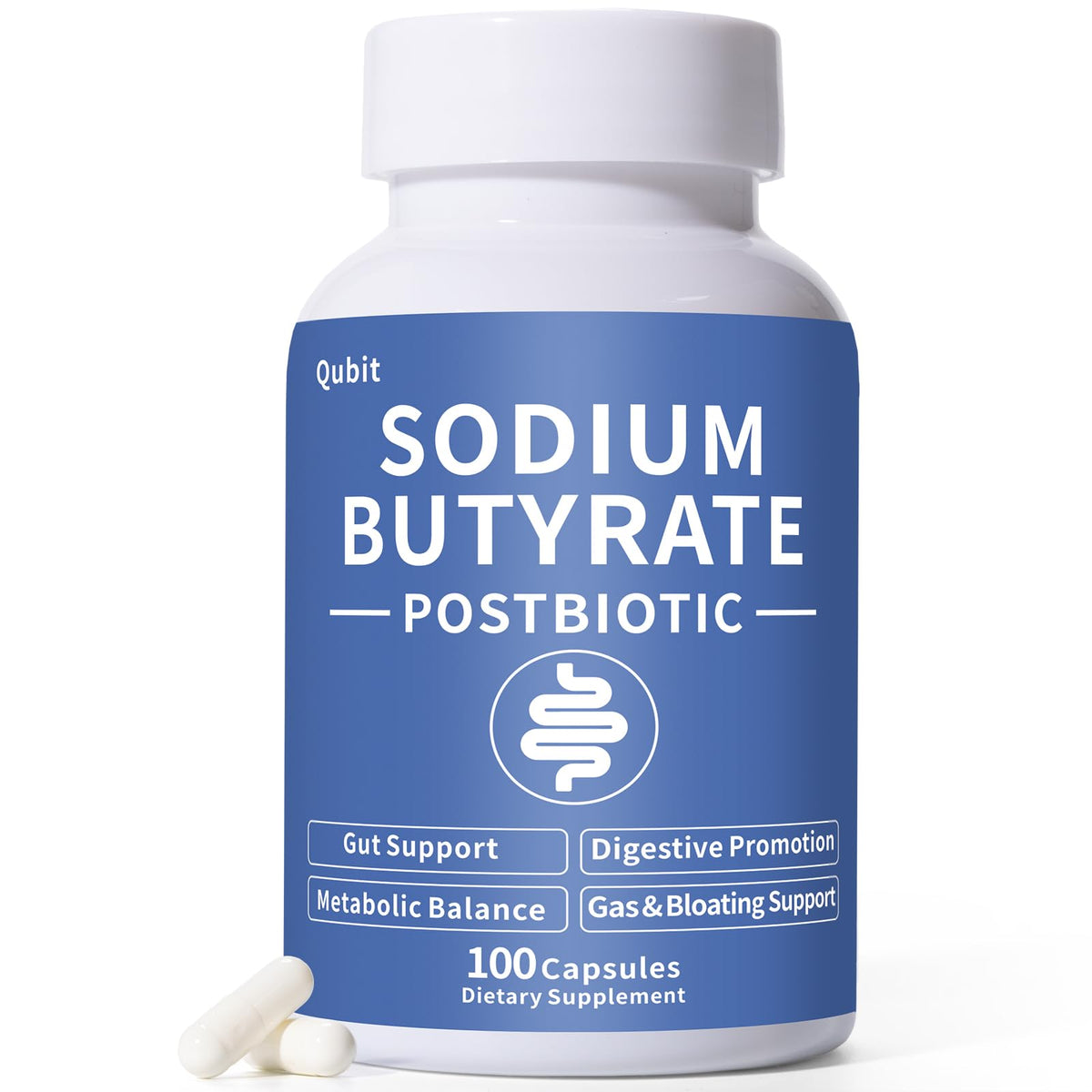 QUBIT Sodium Butyrate Prebiotic Capsules front view