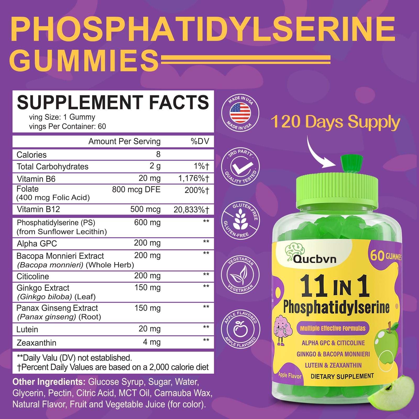 Qucbvn Phosphatidylserine Gummies apple flavour close-up