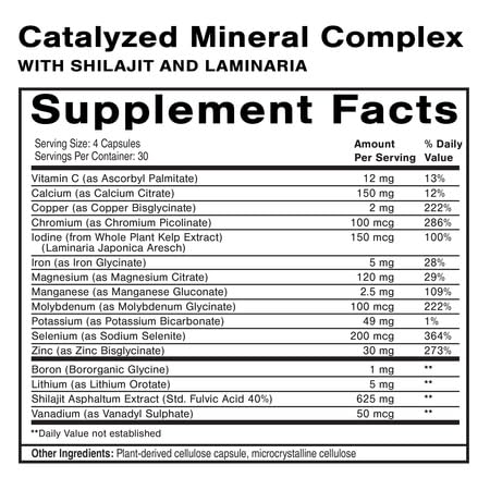 Quicksilver Scientific Catalyzed Mineral Complex 290g side view with ingredients list