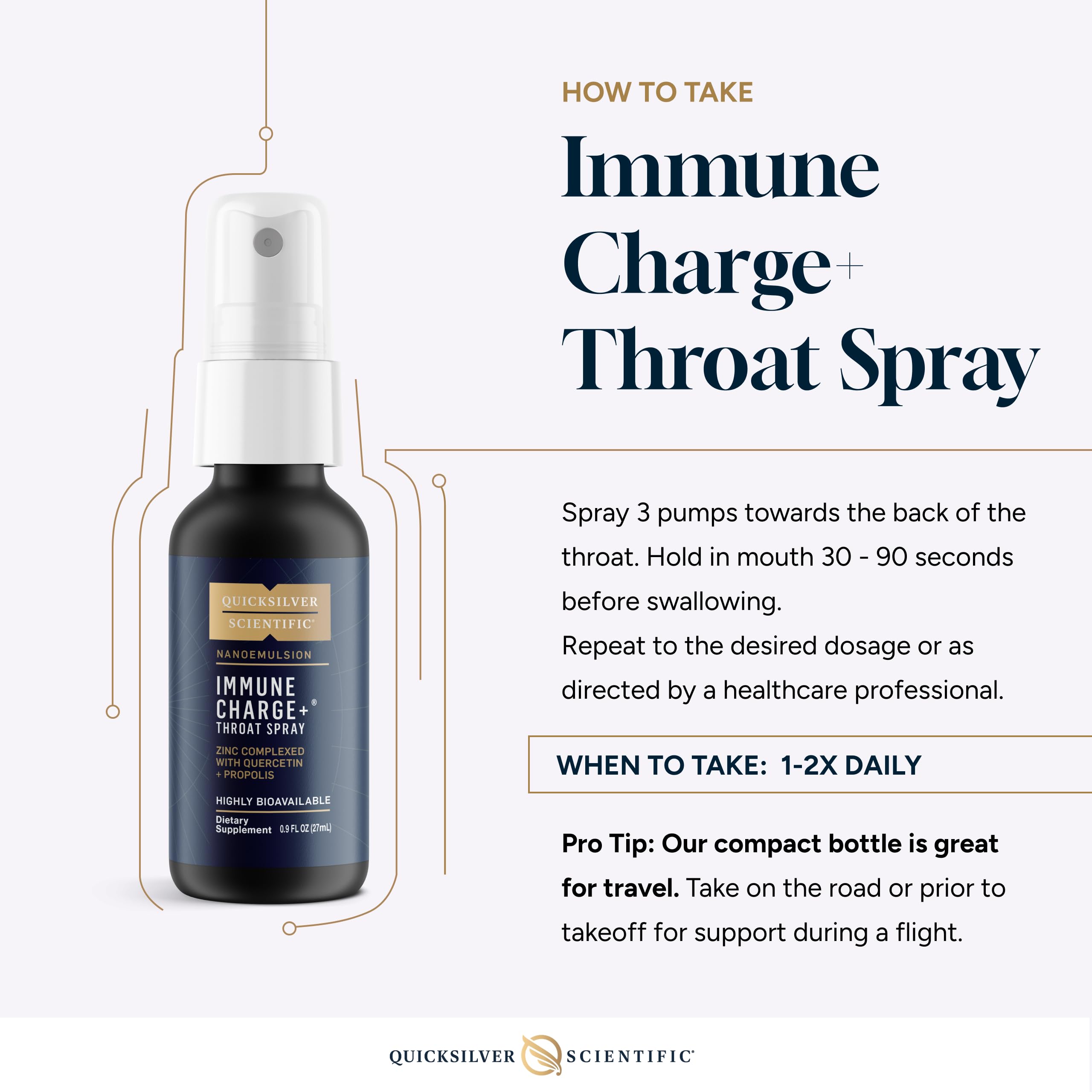 Quicksilver Scientific daily wellness Charge+ Zinc Throat Spray 27ml with dosage instructions