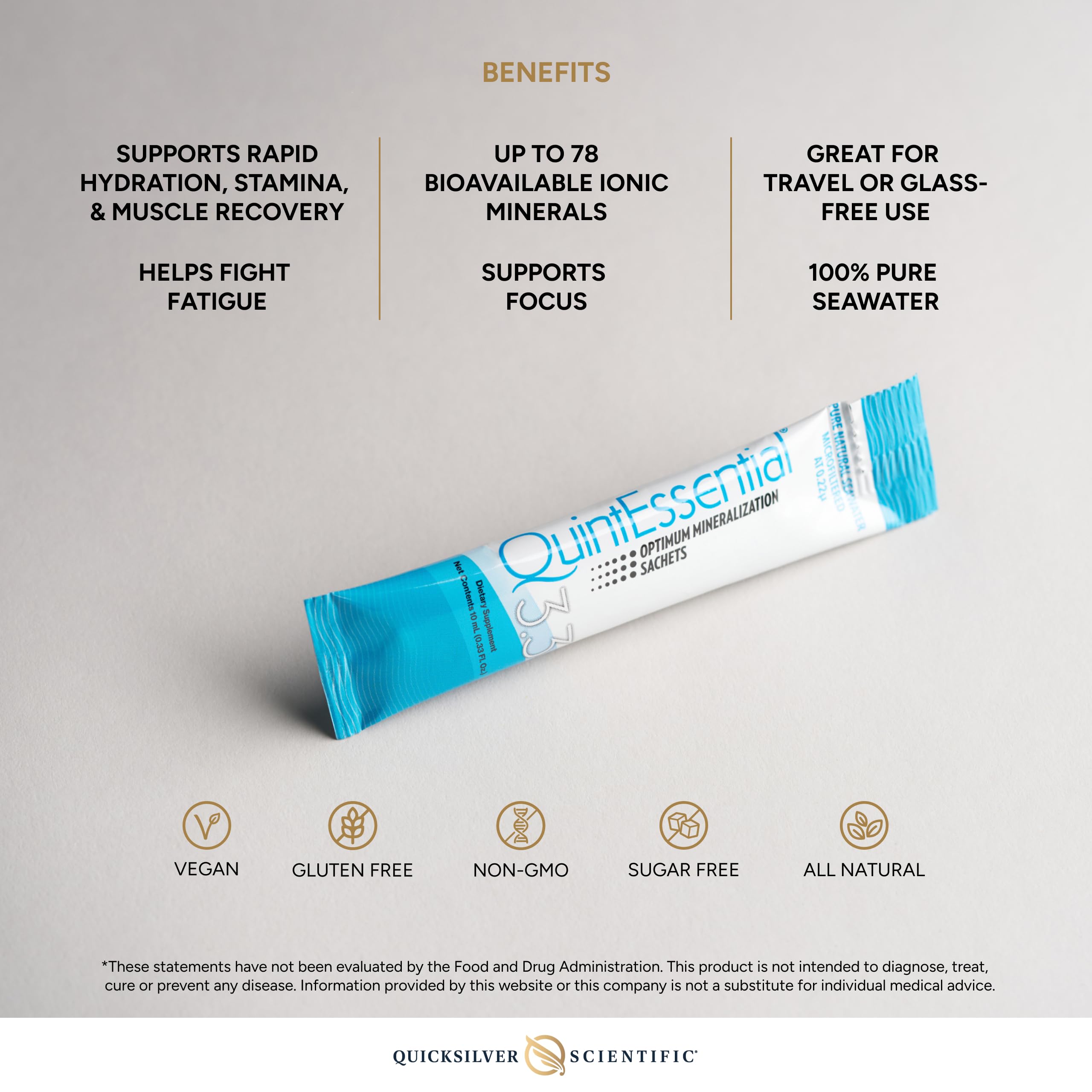 Quicksilver Scientific Quinton Hypertonic Sachets displayed with travel accessories