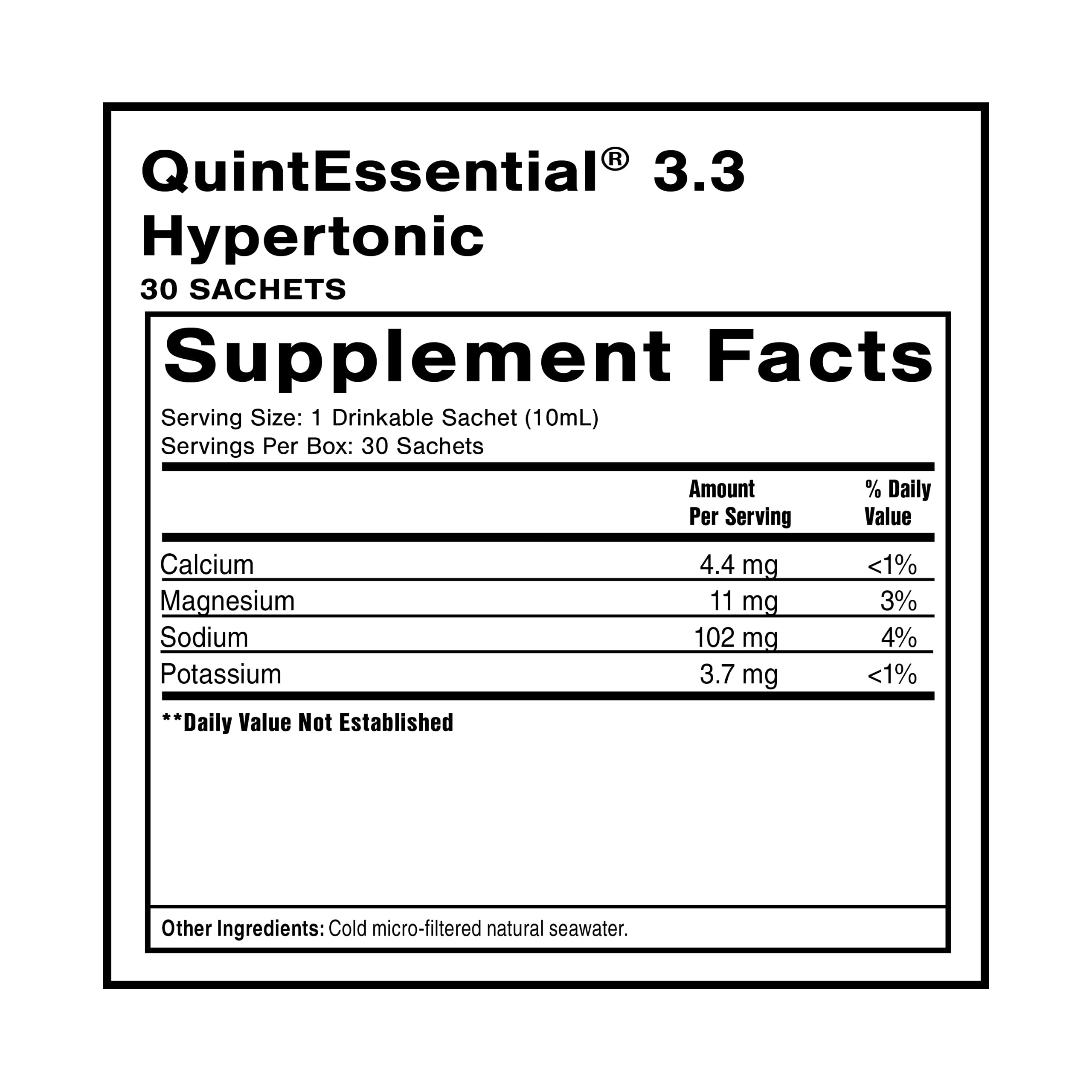 Quicksilver Scientific Quinton Hypertonic Sachets side view with nutritional information