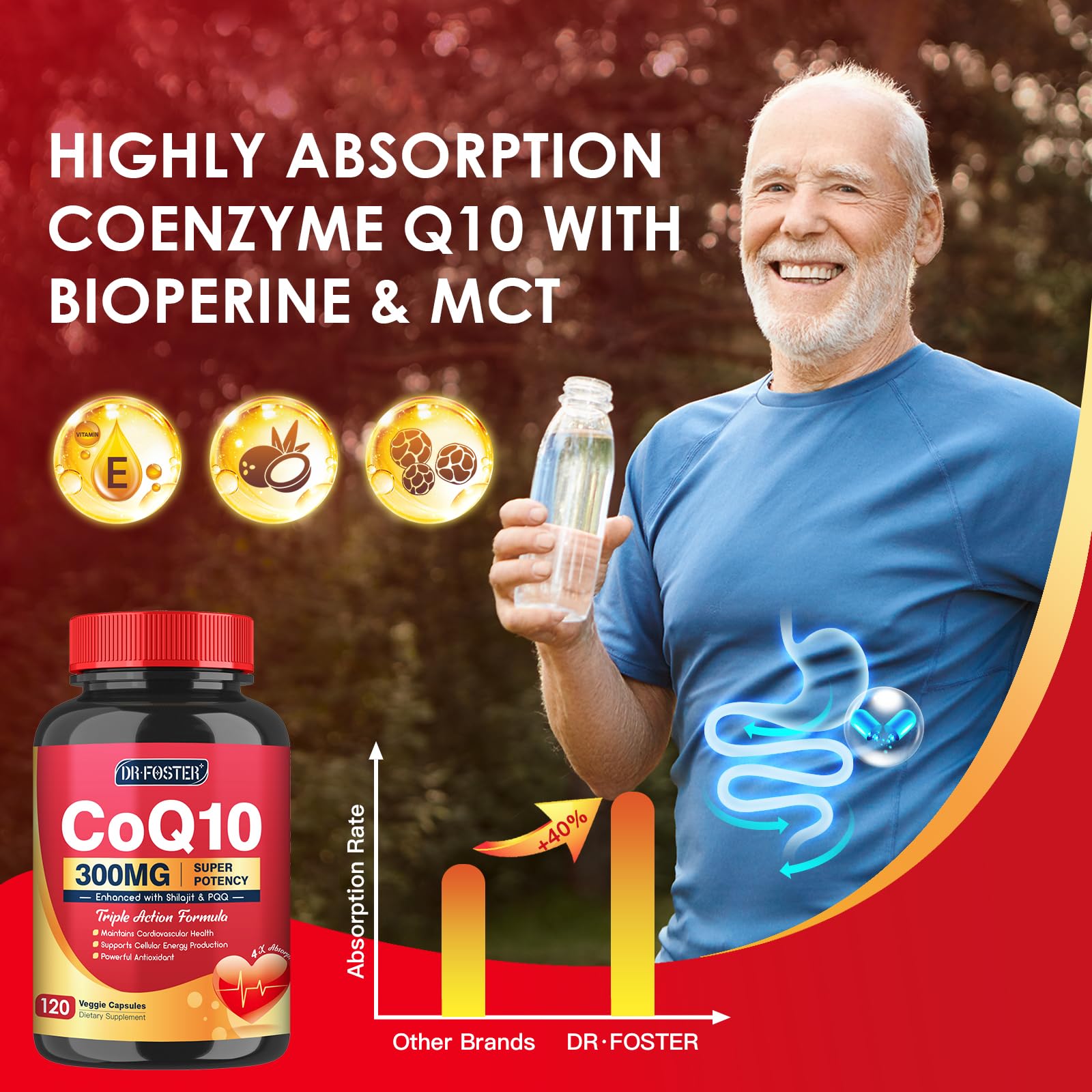 Quinovit CoQ10 capsules on a wooden table