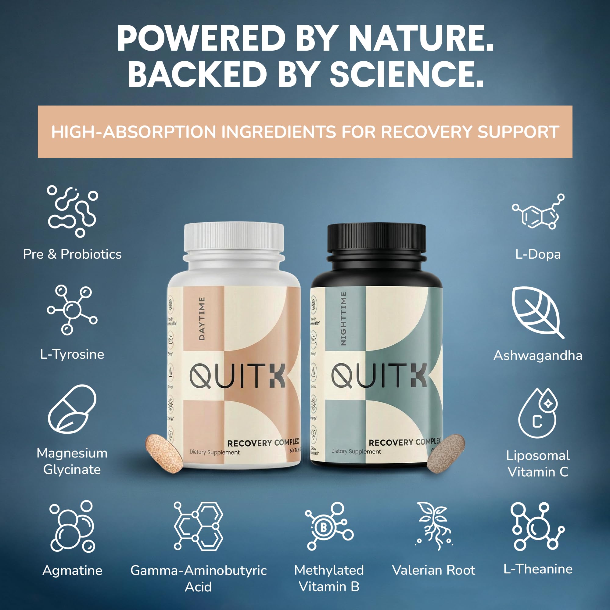 QuitK use Complex showing the Daytime and Nighttime tablets