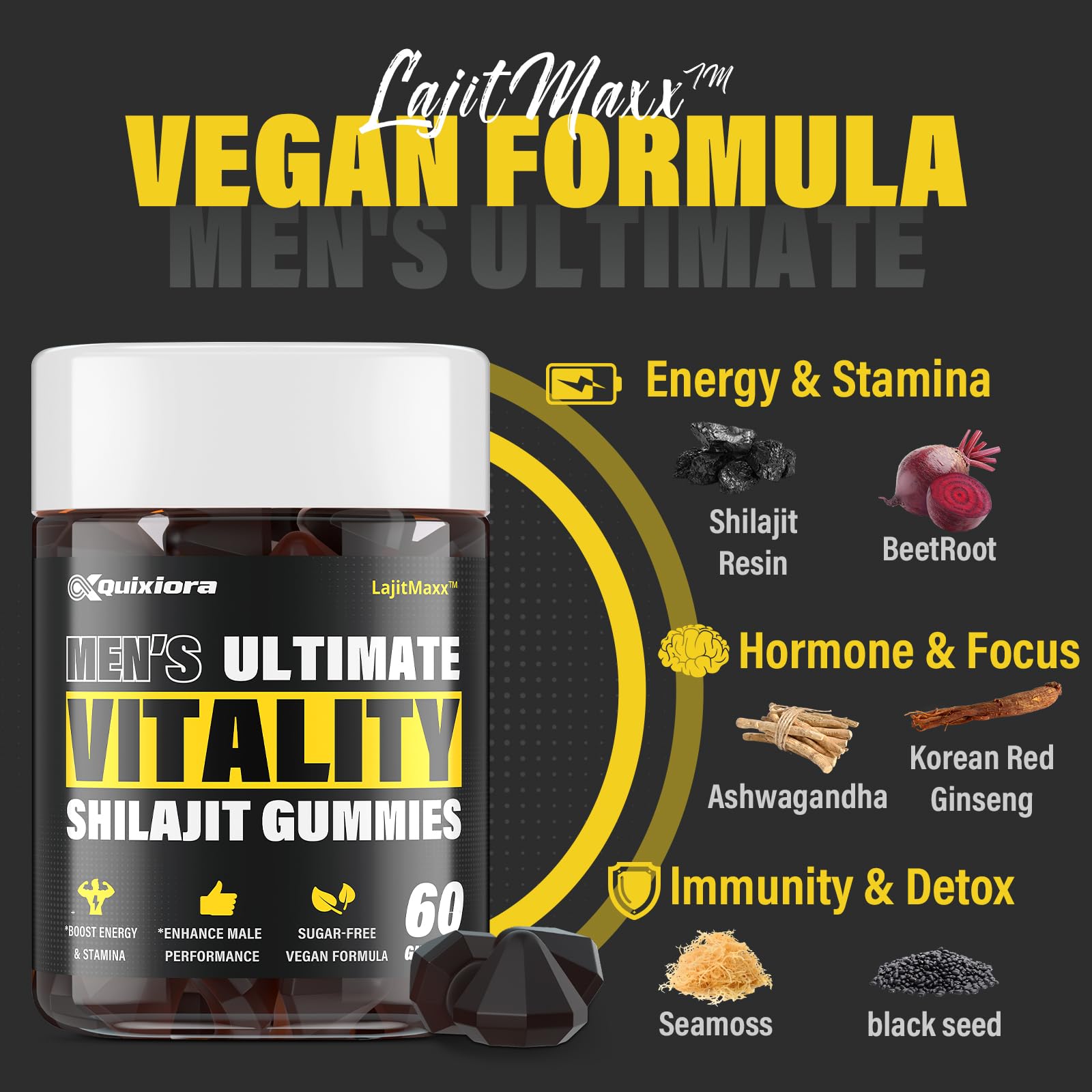 Quixiora Shilajit Gummies on a wooden table