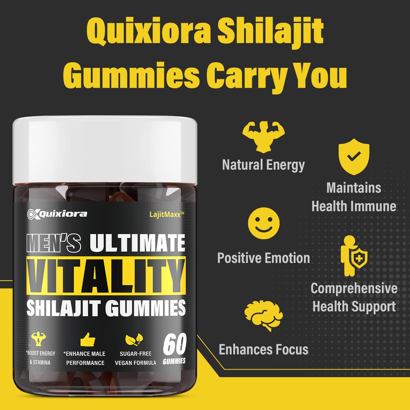 Quixiora Shilajit Gummies side view of bottle