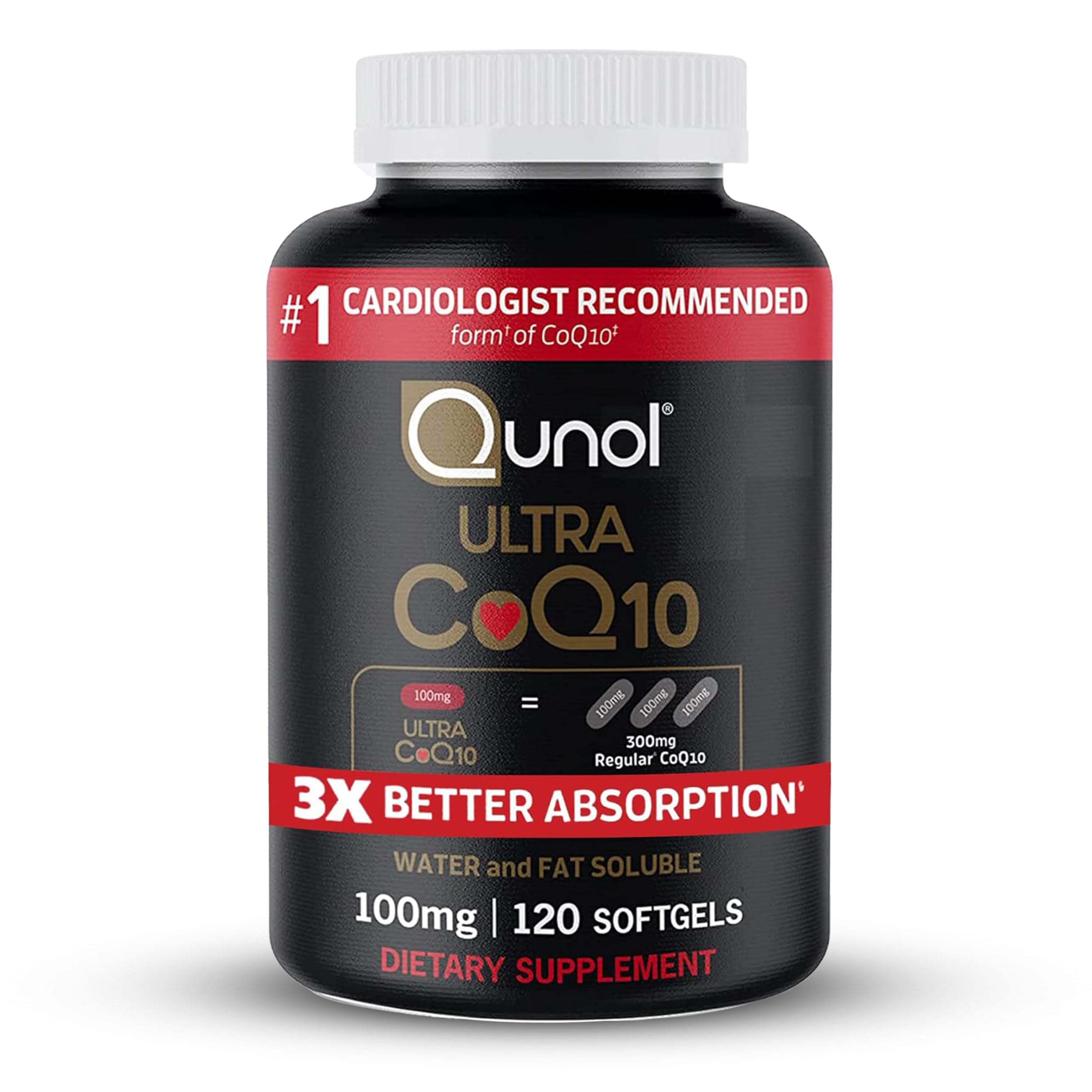 Qunol CoQ10 100mg softgel capsules front view