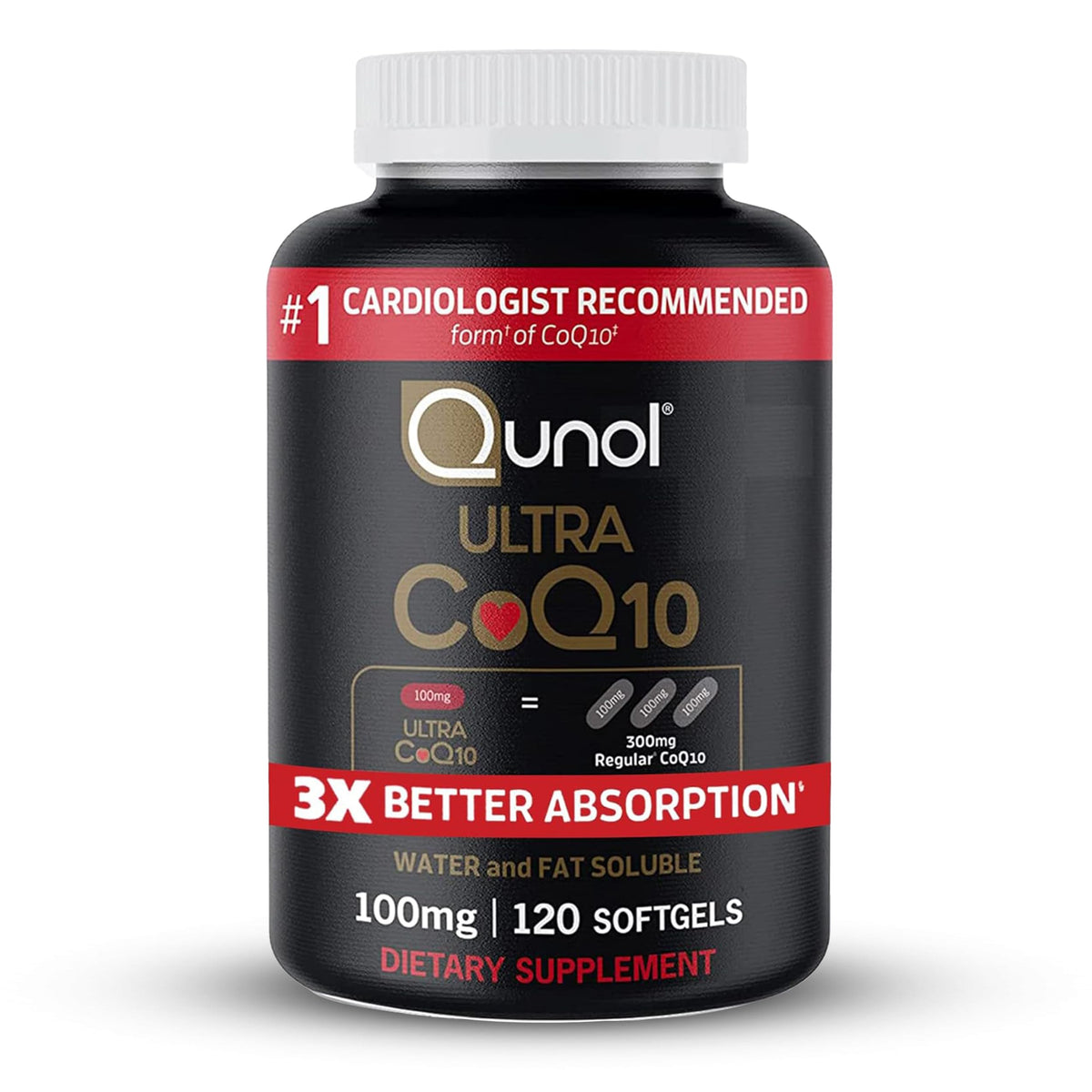 Qunol CoQ10 100mg softgel capsules front view