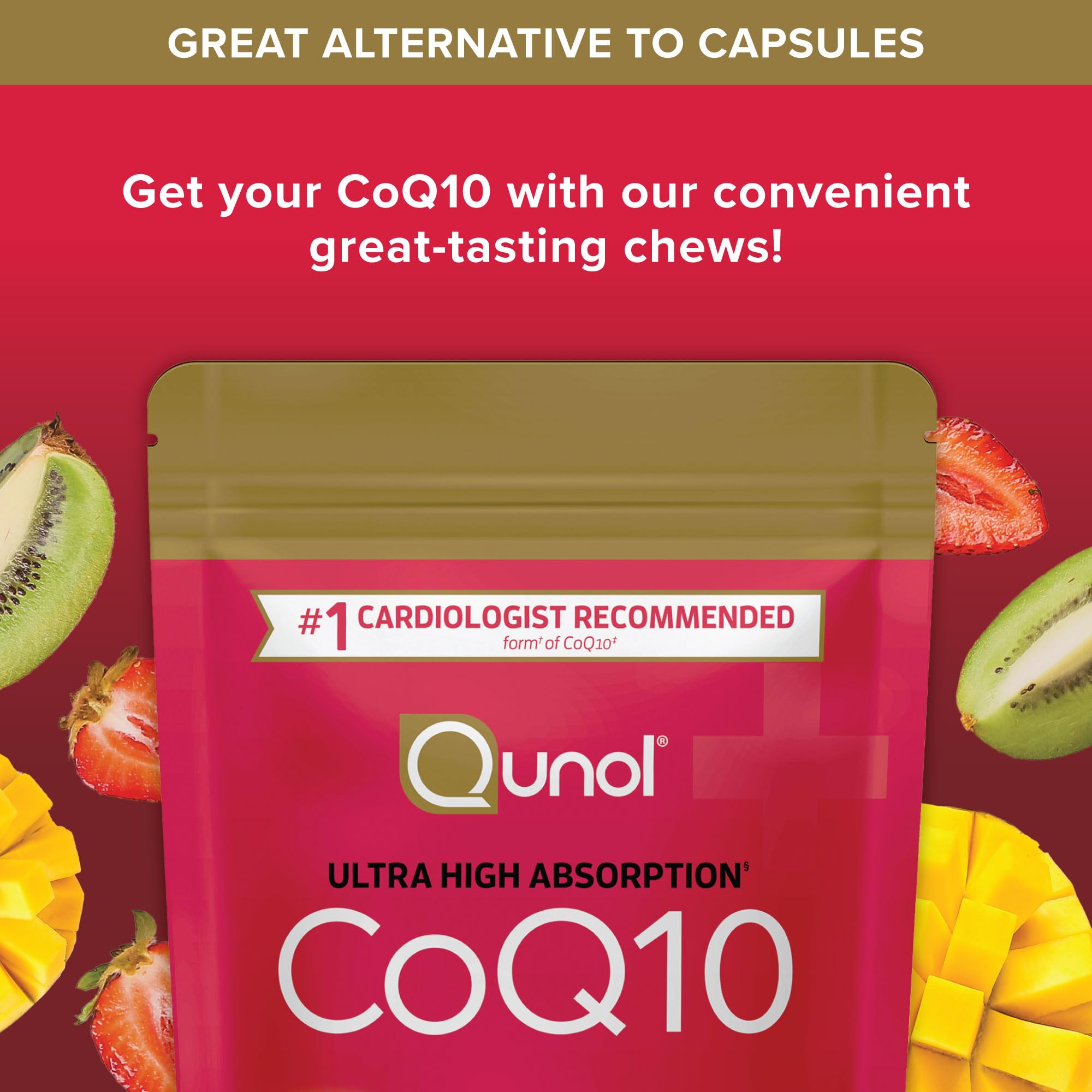 Qunol CoQ10 200mg Soft Chews on a wooden table