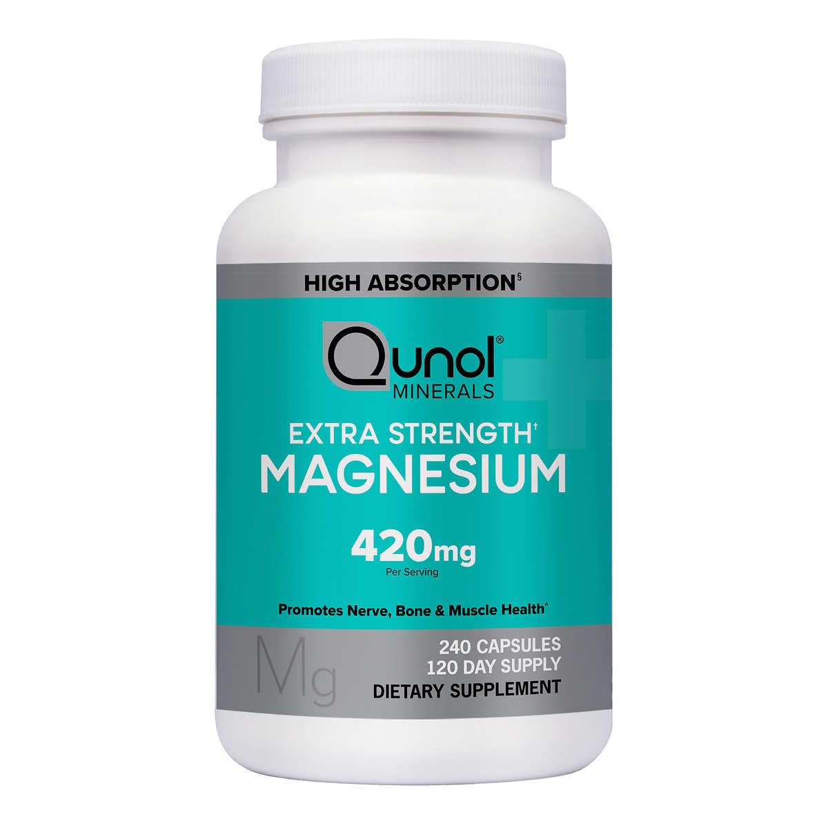 Qunol Extra Strength Magnesium Capsules front view with packaging