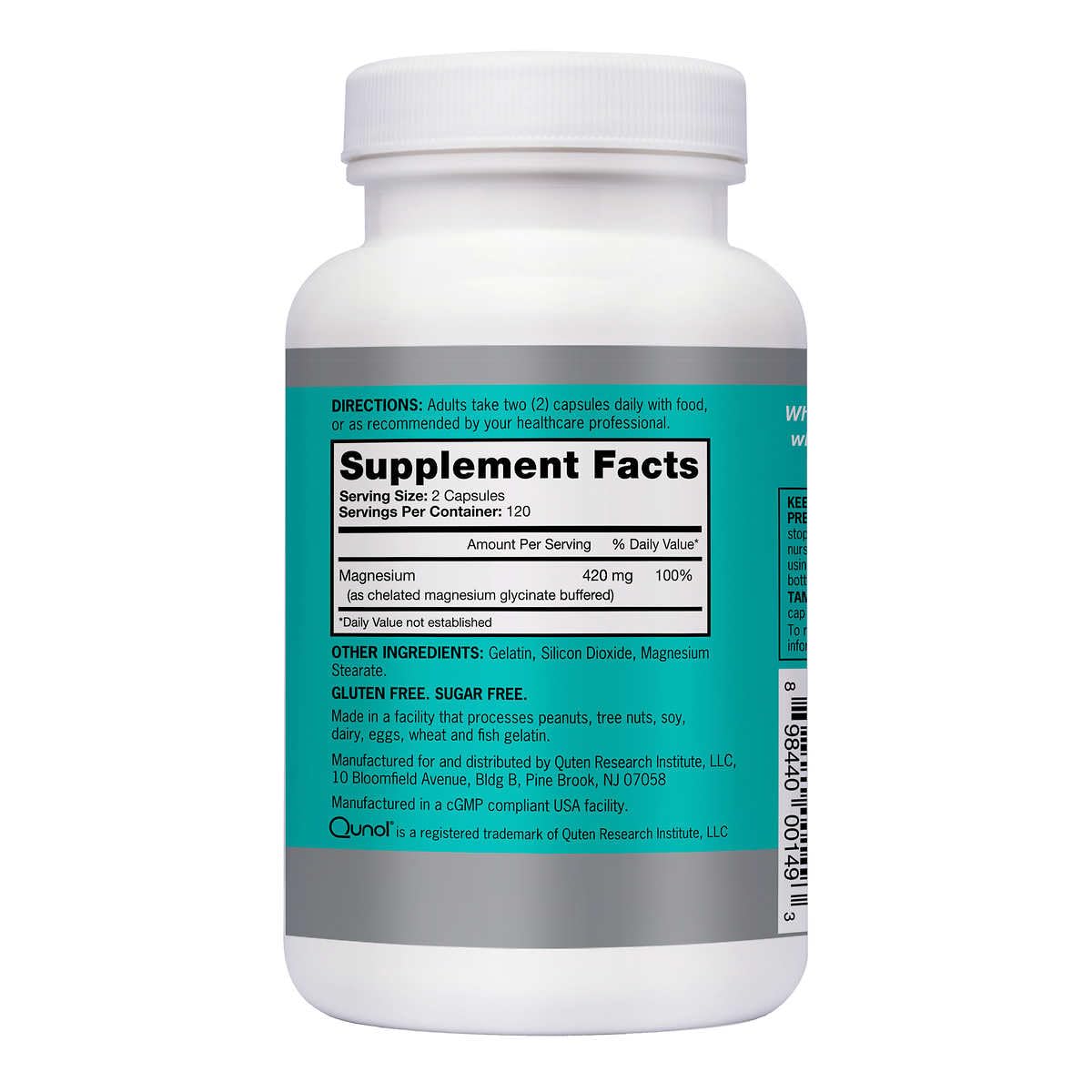Qunol Extra Strength Magnesium Capsules side view showing dosage