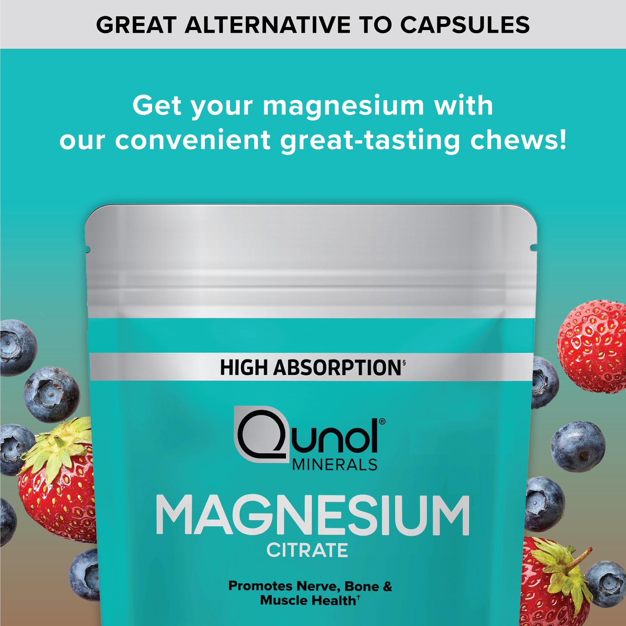 Qunol Magnesium Citrate Chews displayed with other supplements