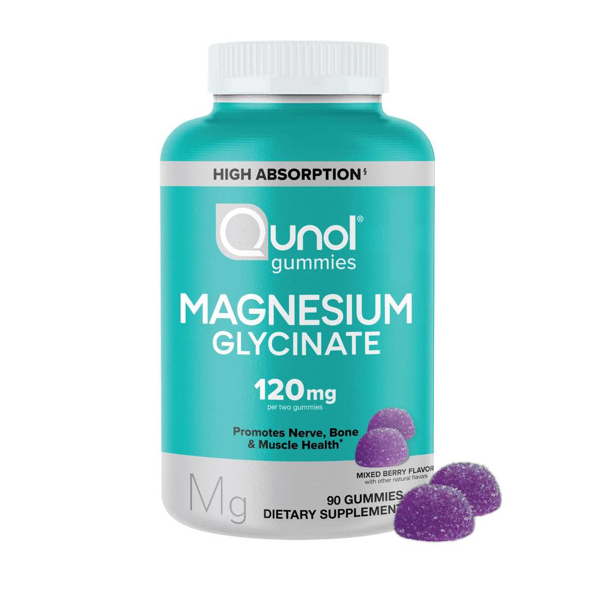 Qunol Magnesium Glycinate Gummies front view, mixed berry flavour