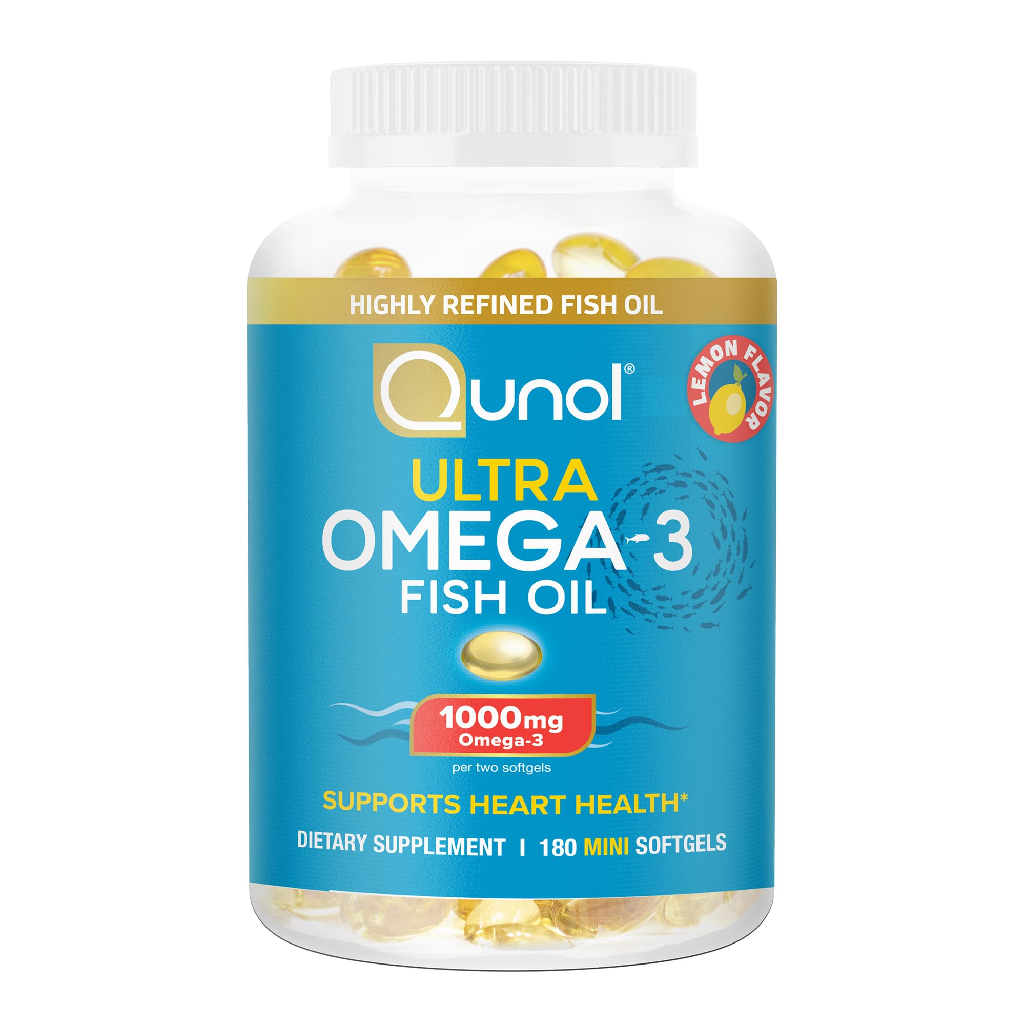 Qunol Omega-3 Softgels 1000mg displayed with lemon slices