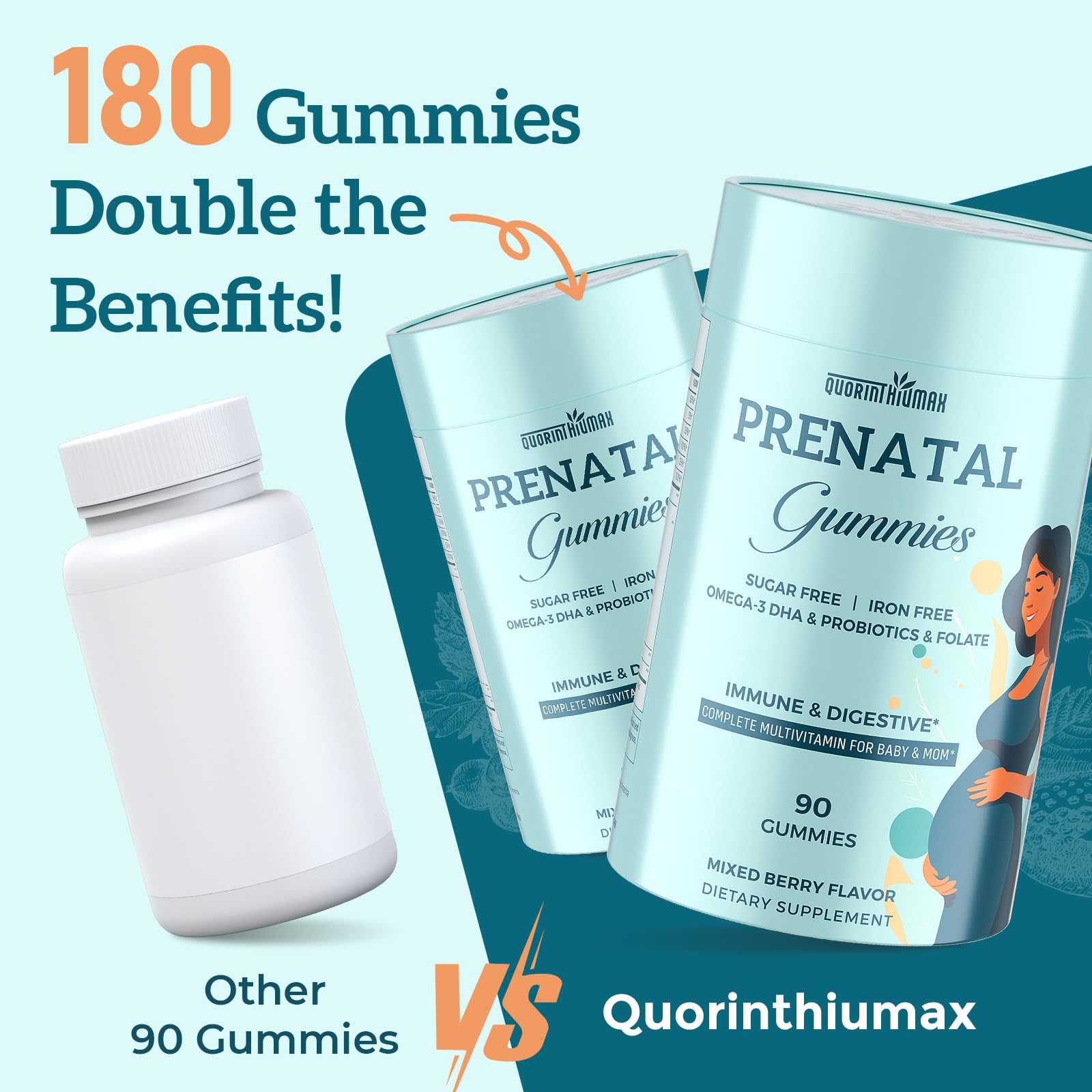 Quorinthiumax Prenatal Gummies on a kitchen counter with fresh fruit