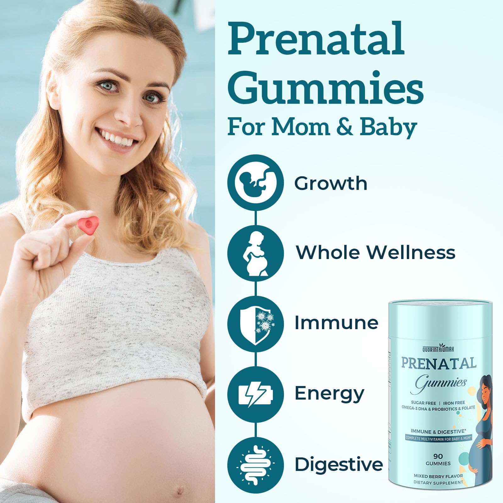 Quorinthiumax Prenatal Gummies packaging with nutritional information